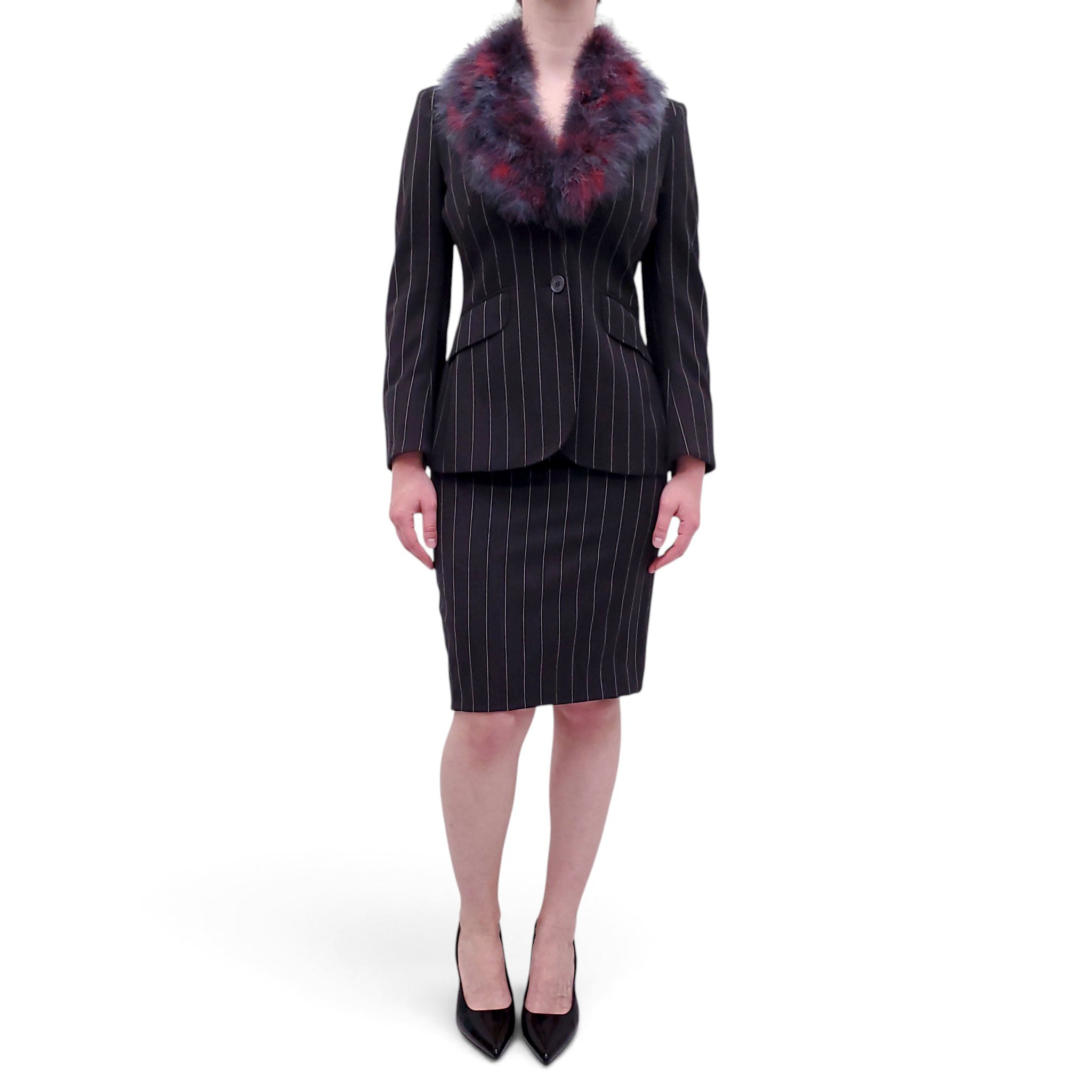 MOSCHINO PINSTRIPED FAUX FUR SUIT - SIZE 38
