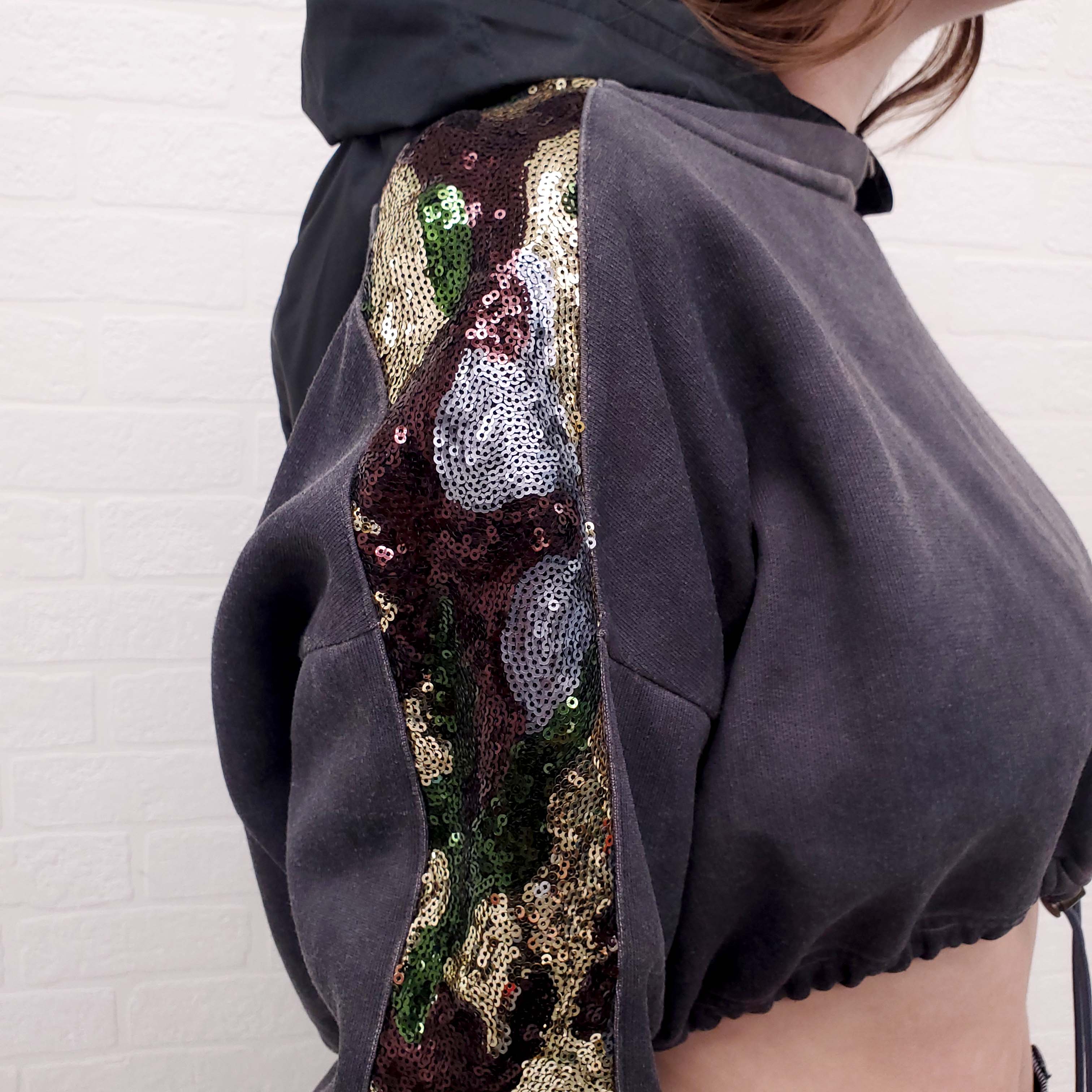 MR & MRS GREY CROPPED SWEATSHIRT WITH ARMY SEQUIN DETAIL - SIZE S