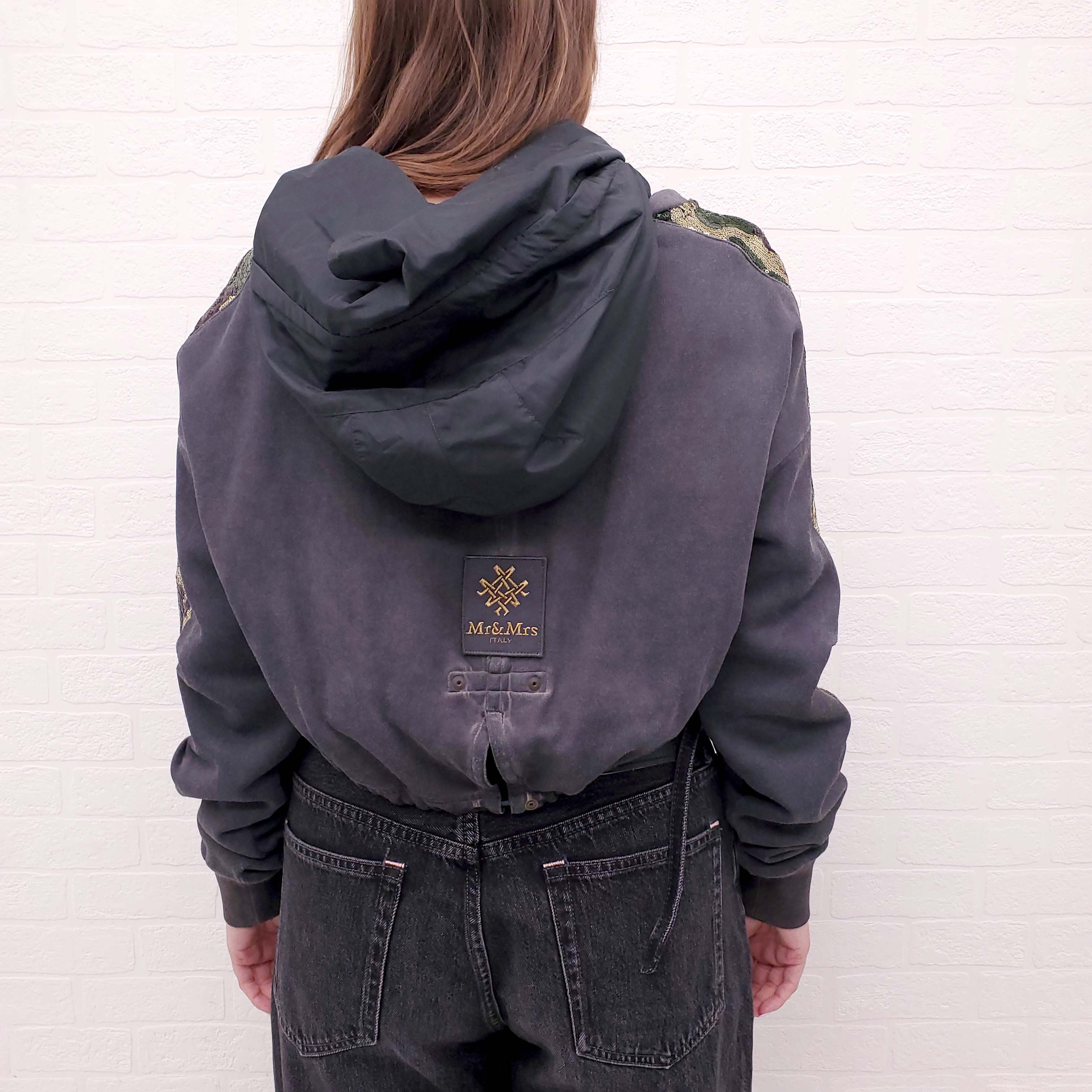 MR & MRS GREY CROPPED SWEATSHIRT WITH ARMY SEQUIN DETAIL - SIZE S