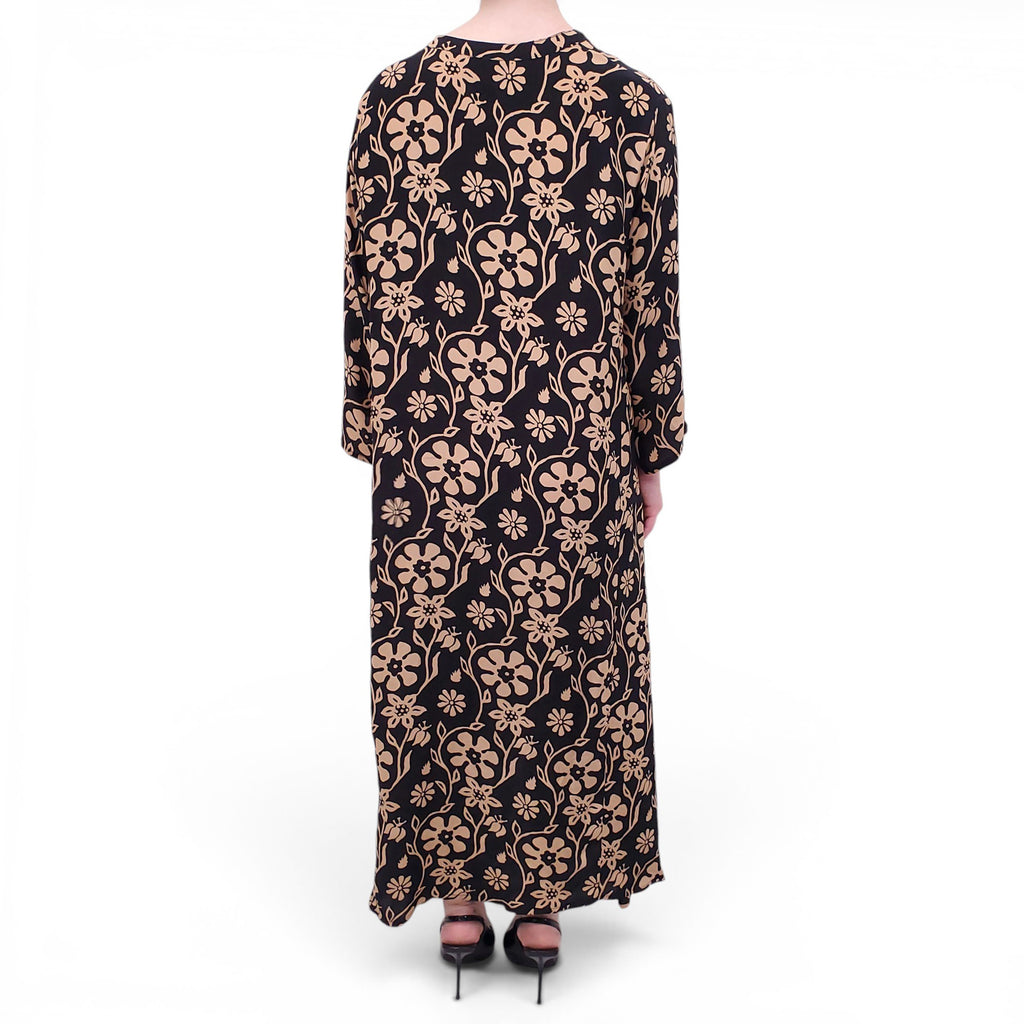 NATALIE MARTIN BLACK AND BROWN FLORAL PATTERNED DRESS - SIZE L