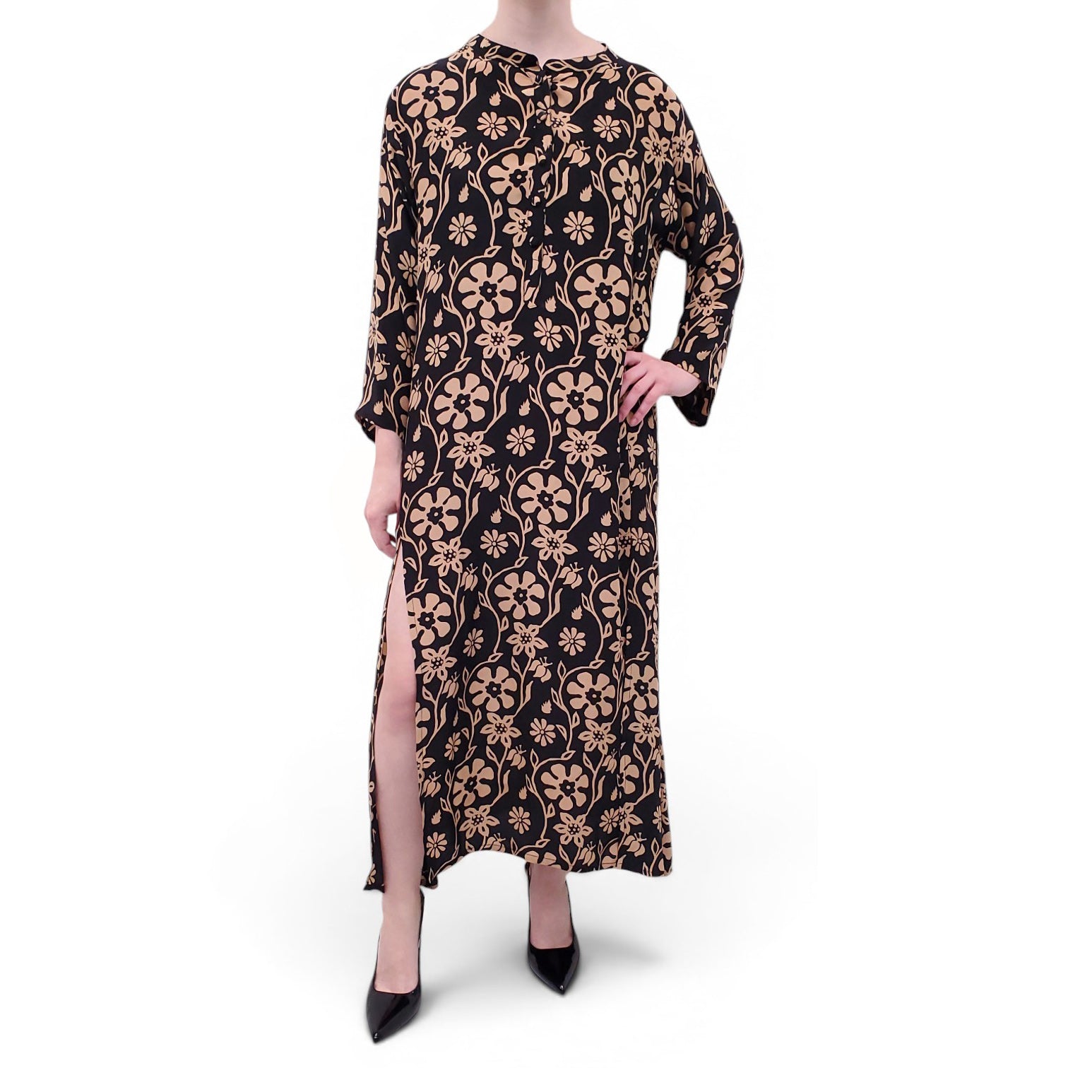 NATALIE MARTIN BLACK AND BROWN FLORAL PATTERNED DRESS - SIZE L
