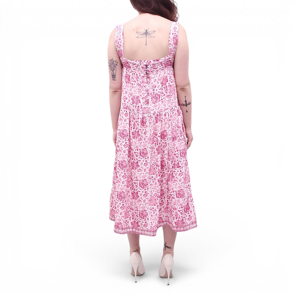 NATALIE MARTIN PINK FLORAL SILK MIDI DRESS - SIZE S