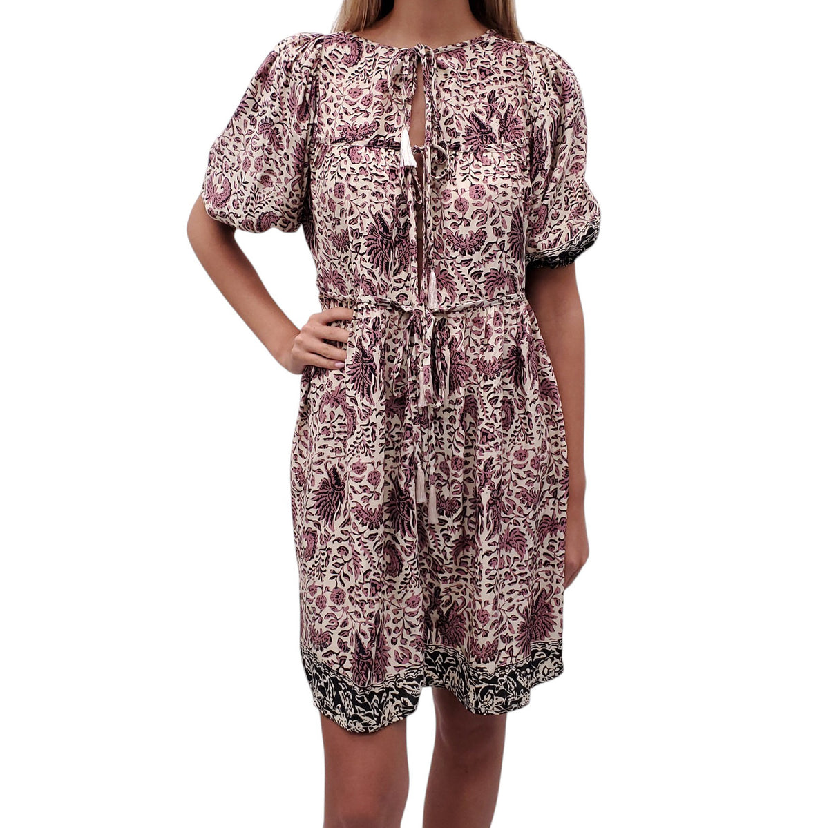 NATALIE MARTIN PURPLE PATTERNED BABYDOLL SILK DRESS - SIZE S