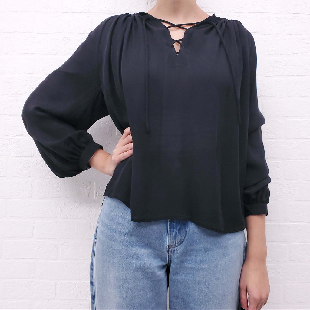 NILI LOTAN BLACK SILK LACE UP BLOUSE - SIZE S