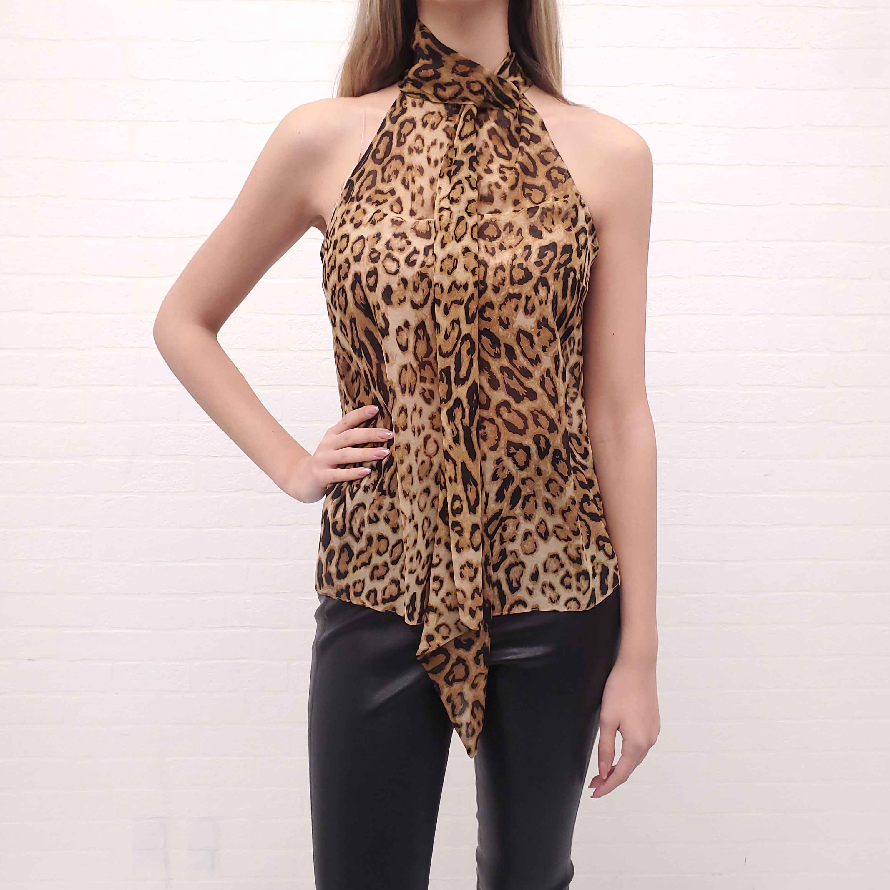 NILI LOTAN LEOPARD SLEEVELESS SILK BLOUSE WITH TIE DETAIL - SIZE XS