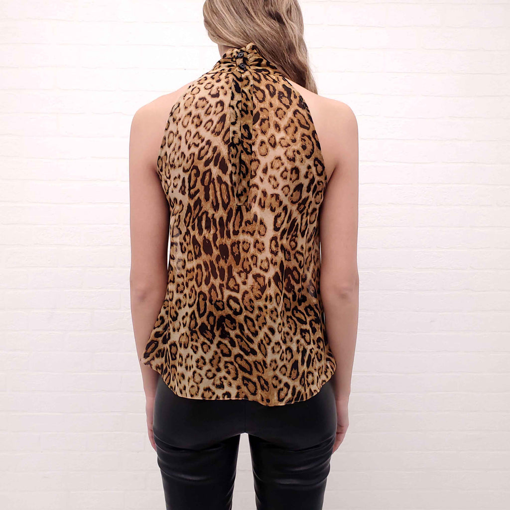 NILI LOTAN LEOPARD SLEEVELESS SILK BLOUSE WITH TIE DETAIL - SIZE XS