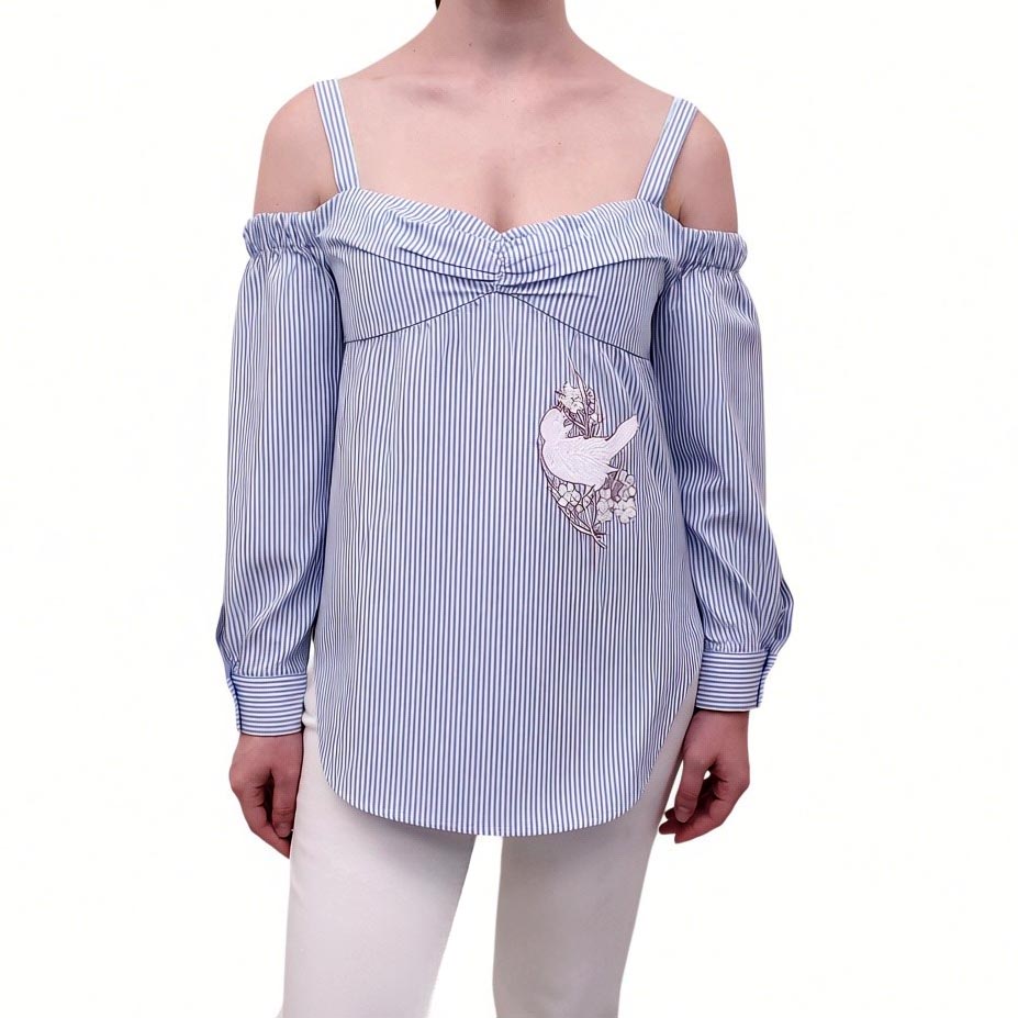 Nº21 BLUE AND WHITE STRIPED BLOUSE WITH EMBROIDERED BIRD DETAIL - SIZE 40
