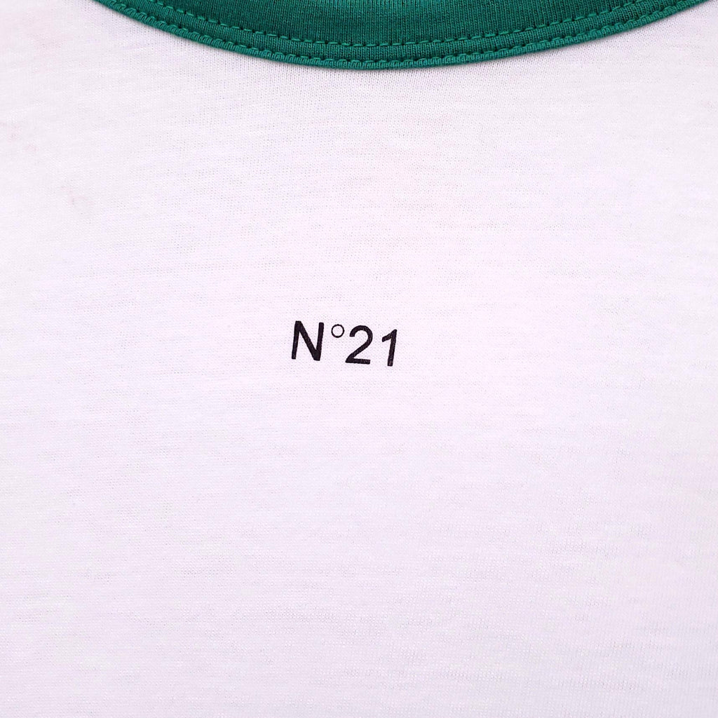 Nº21 WHITE LAYERED T-SHIRT WITH GREEN NECKLINE AND CHECKERED SLEEVES - SIZE S