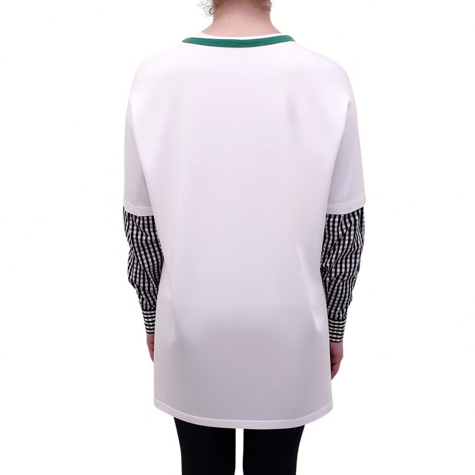 Nº21 WHITE LAYERED T-SHIRT WITH GREEN NECKLINE AND CHECKERED SLEEVES - SIZE S