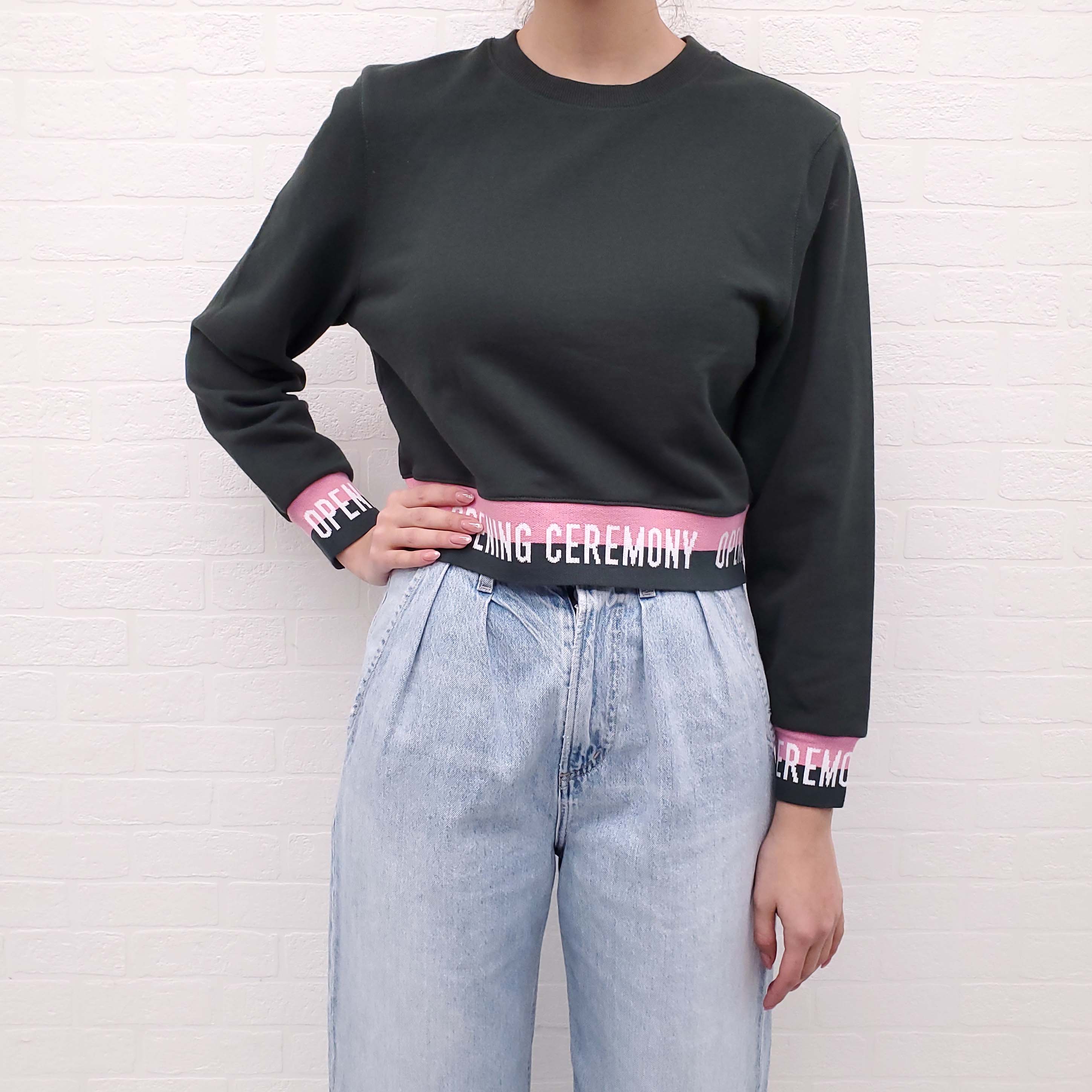 OPENING CEREMONY ARMY GREEN CROPPED LOGO SWEATER - SIZE M