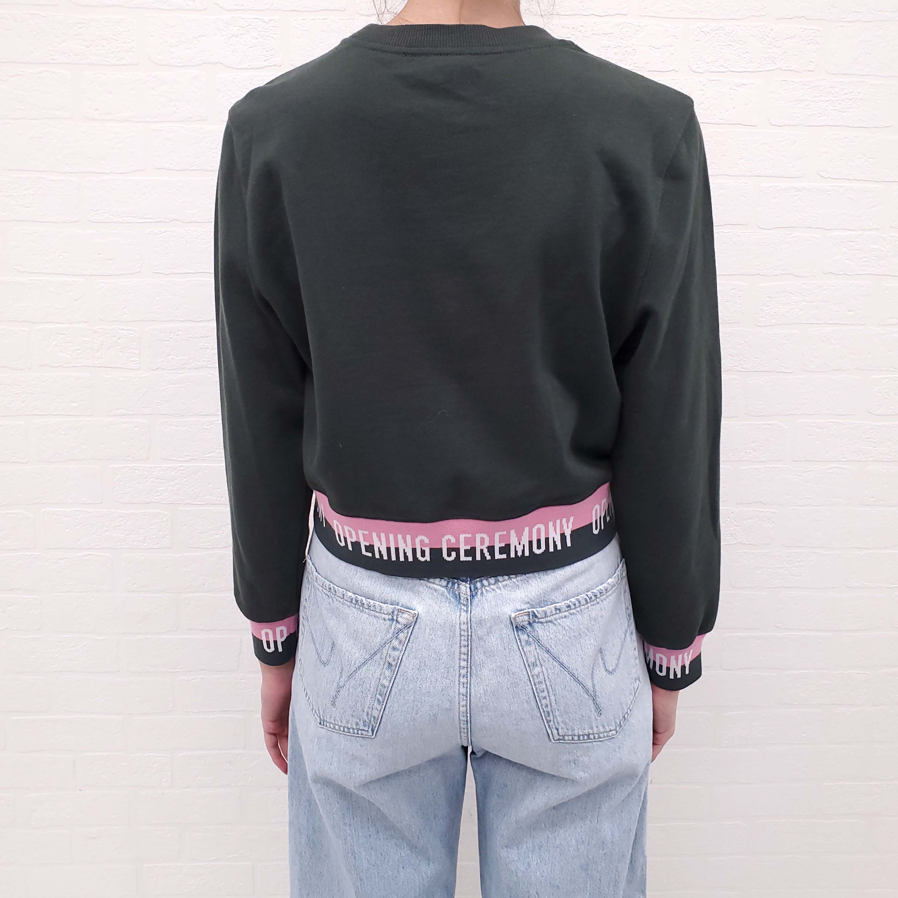 OPENING CEREMONY ARMY GREEN CROPPED LOGO SWEATER - SIZE M