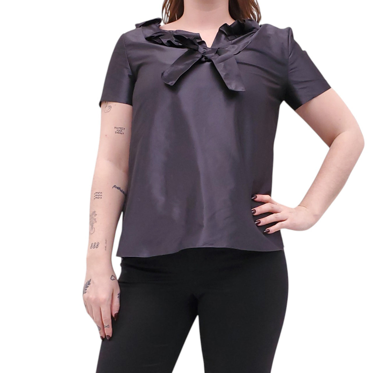 OSCAR DE LA RENTA BLACK TAFFETA BLOUSE WITH BOW - SIZE 8