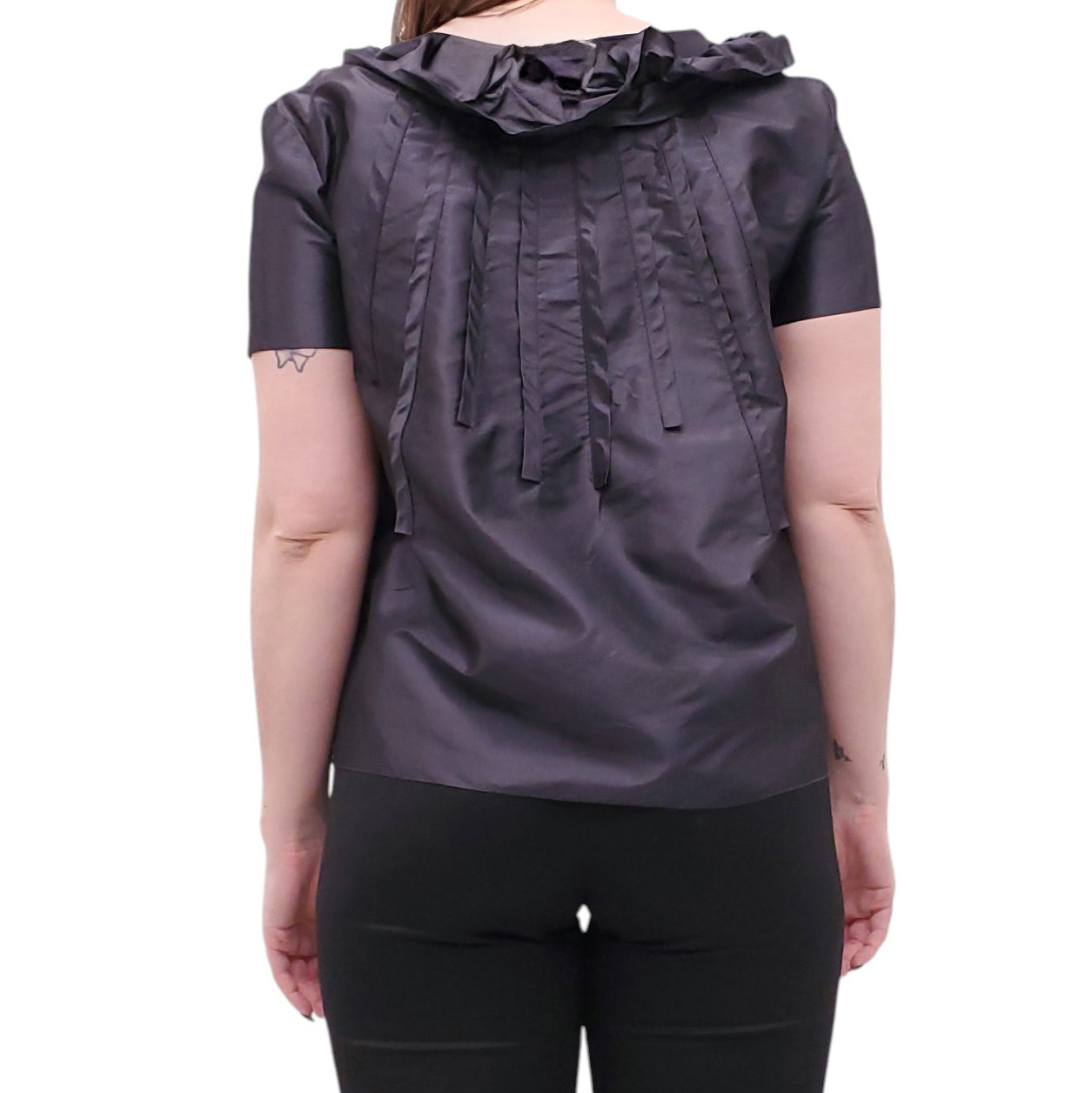 OSCAR DE LA RENTA BLACK TAFFETA BLOUSE WITH BOW - SIZE 8
