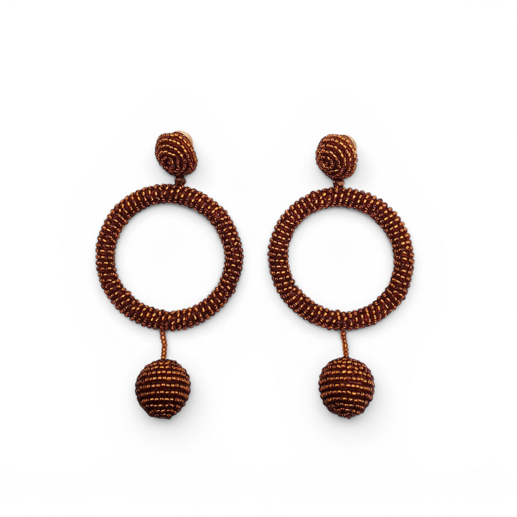 OSCAR DE LA RENTA BRONZE BEADED HOOP DROP EARRINGS