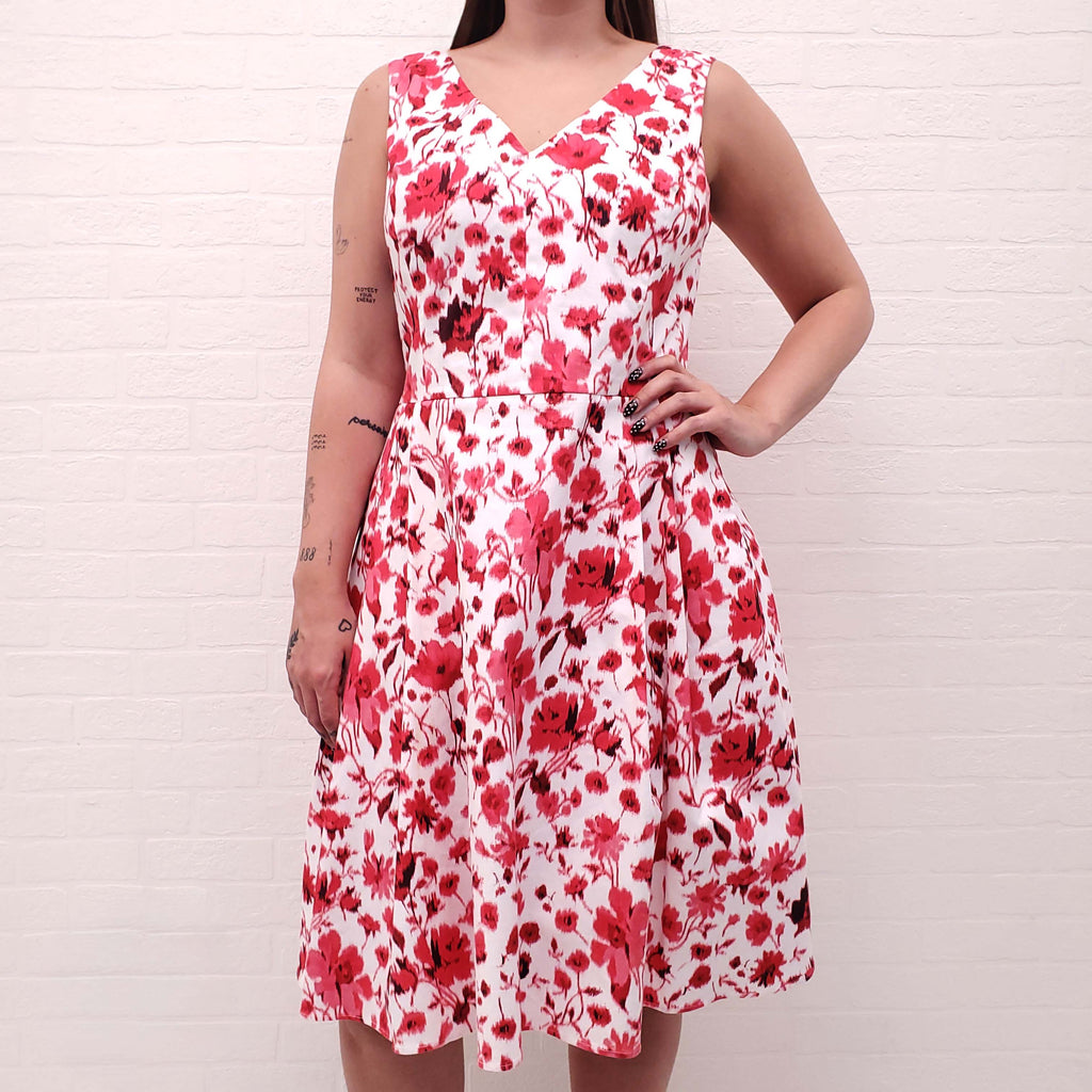 OSCAR DE LA RENTA WHITE AND PINK COTTON FLORAL DRESS - SIZE 10