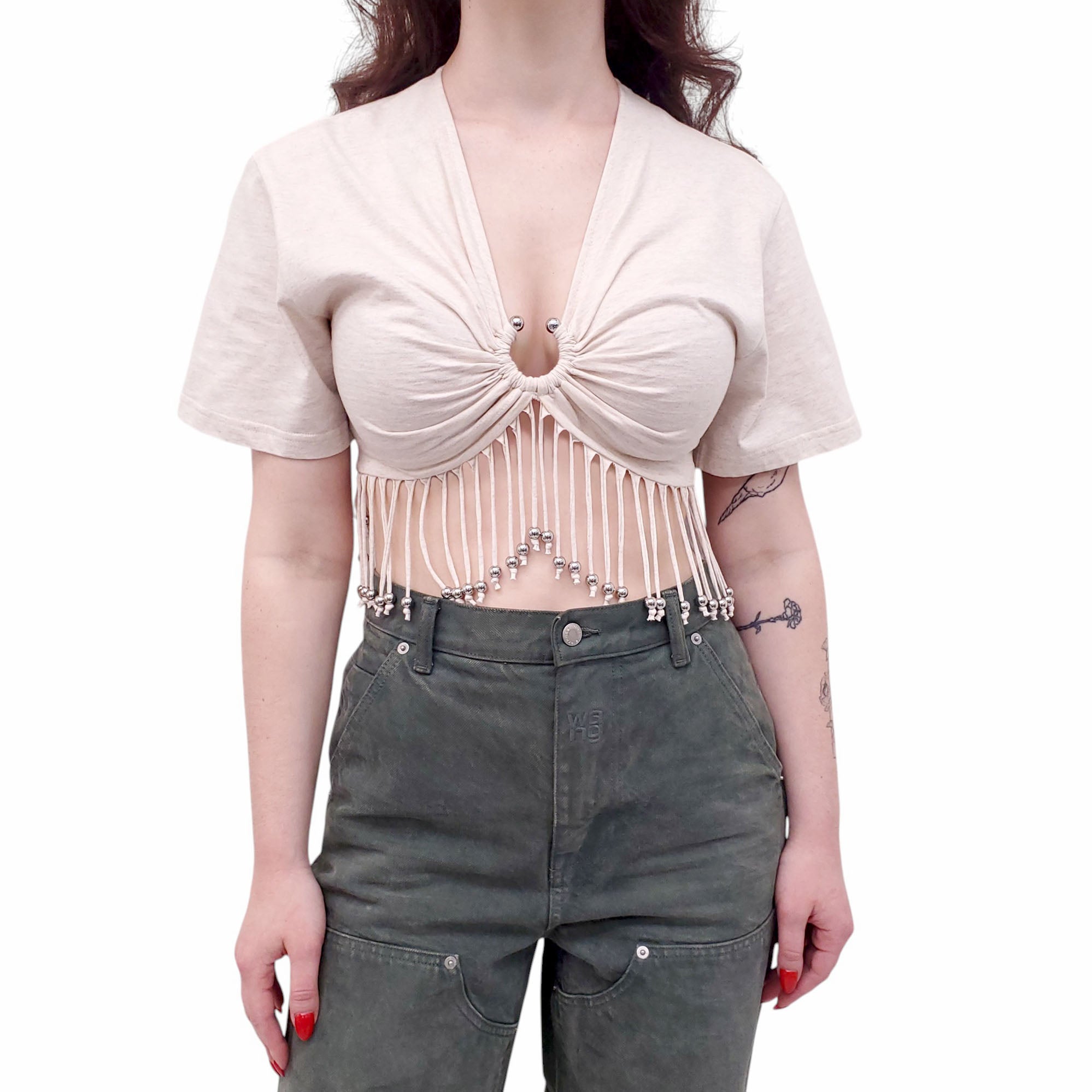 PACO RABANNE CREAM BEADED FRINGE TOP - SIZE 38