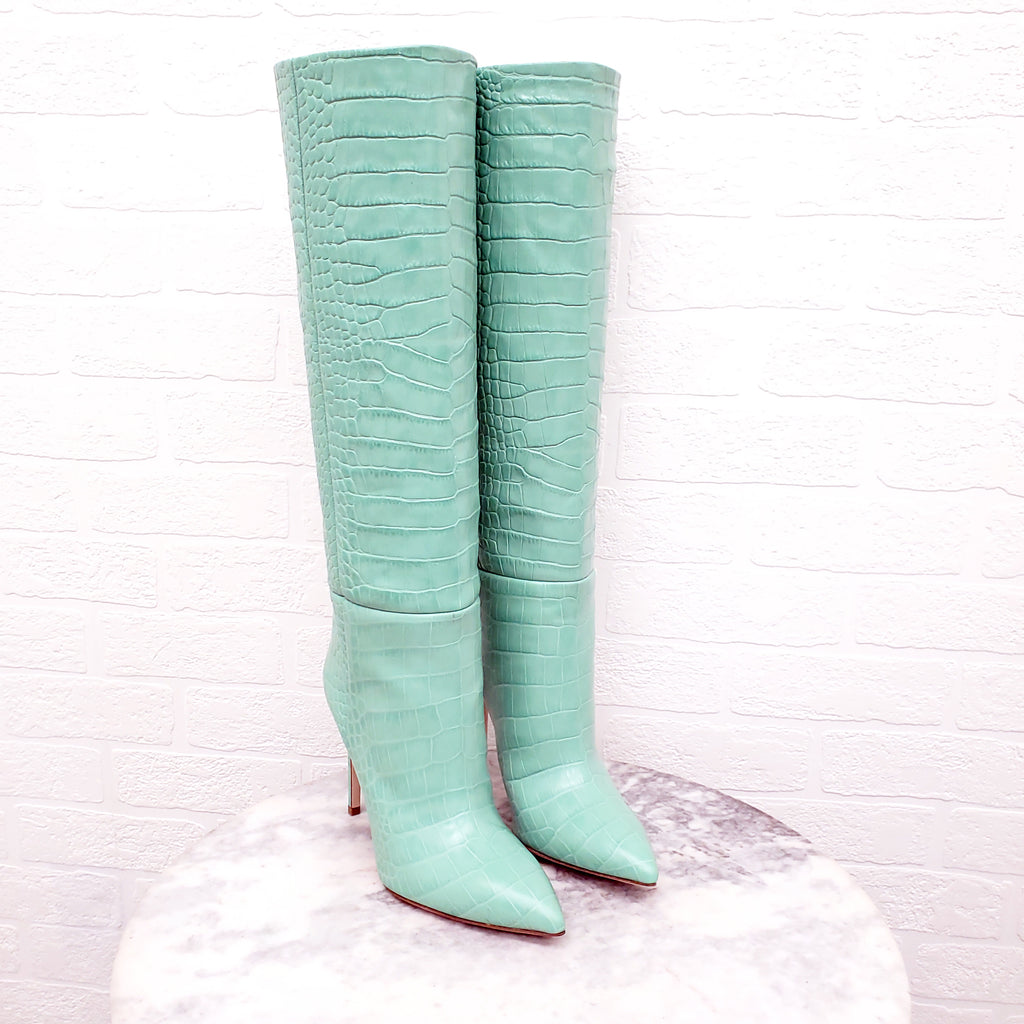 PARIS TEXAS MINT CROCODILE PRINT LEATHER BOOTS - SIZE 37.5