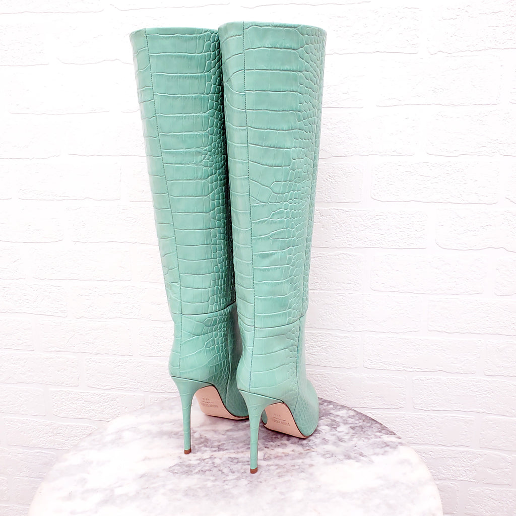 PARIS TEXAS MINT CROCODILE PRINT LEATHER BOOTS - SIZE 37.5