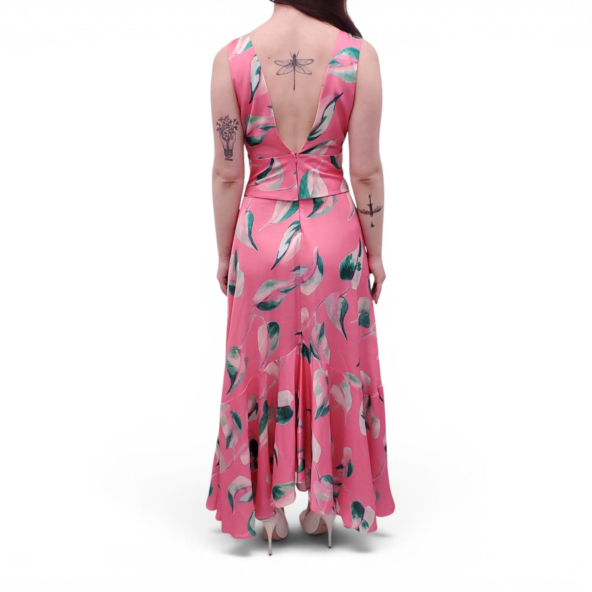 pink maxi dresses V-neck Silver Beaded Pink Long Prom Dresses with Cutout