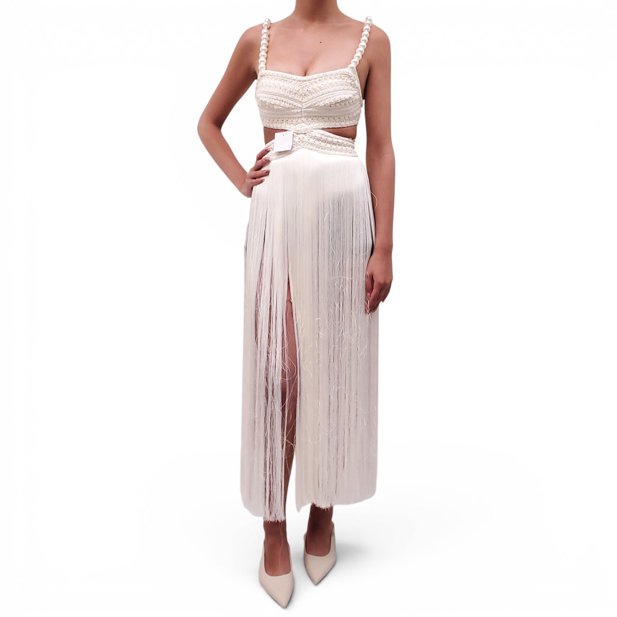 PATBO WHITE FRINGE BEACH DRESS WITH BEADED STRAPS PATBO WHITE FRINGE BEACH DRESS WITH BEADED STRAPS