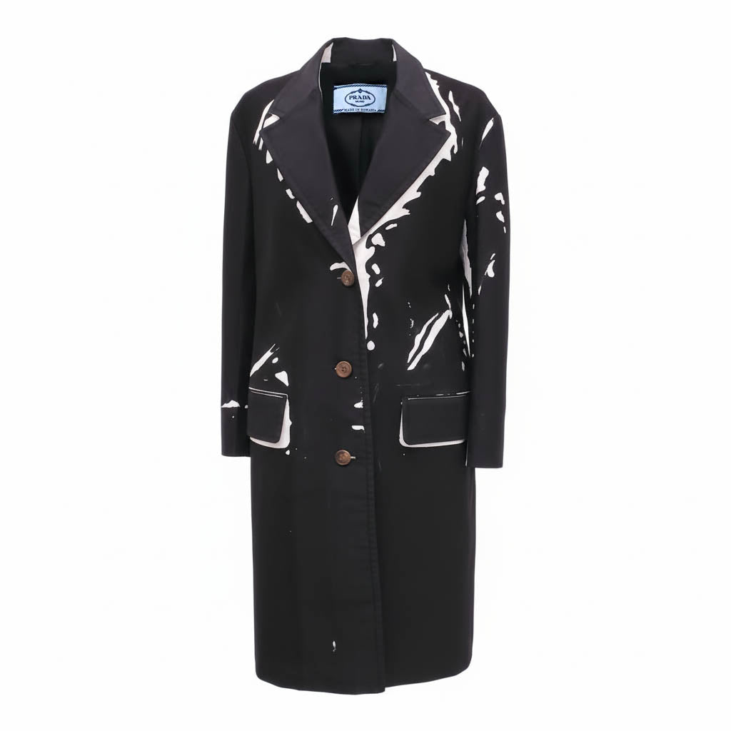 PRADA BLACK AND WHITE PRINT TRENCH COAT - SIZE 42