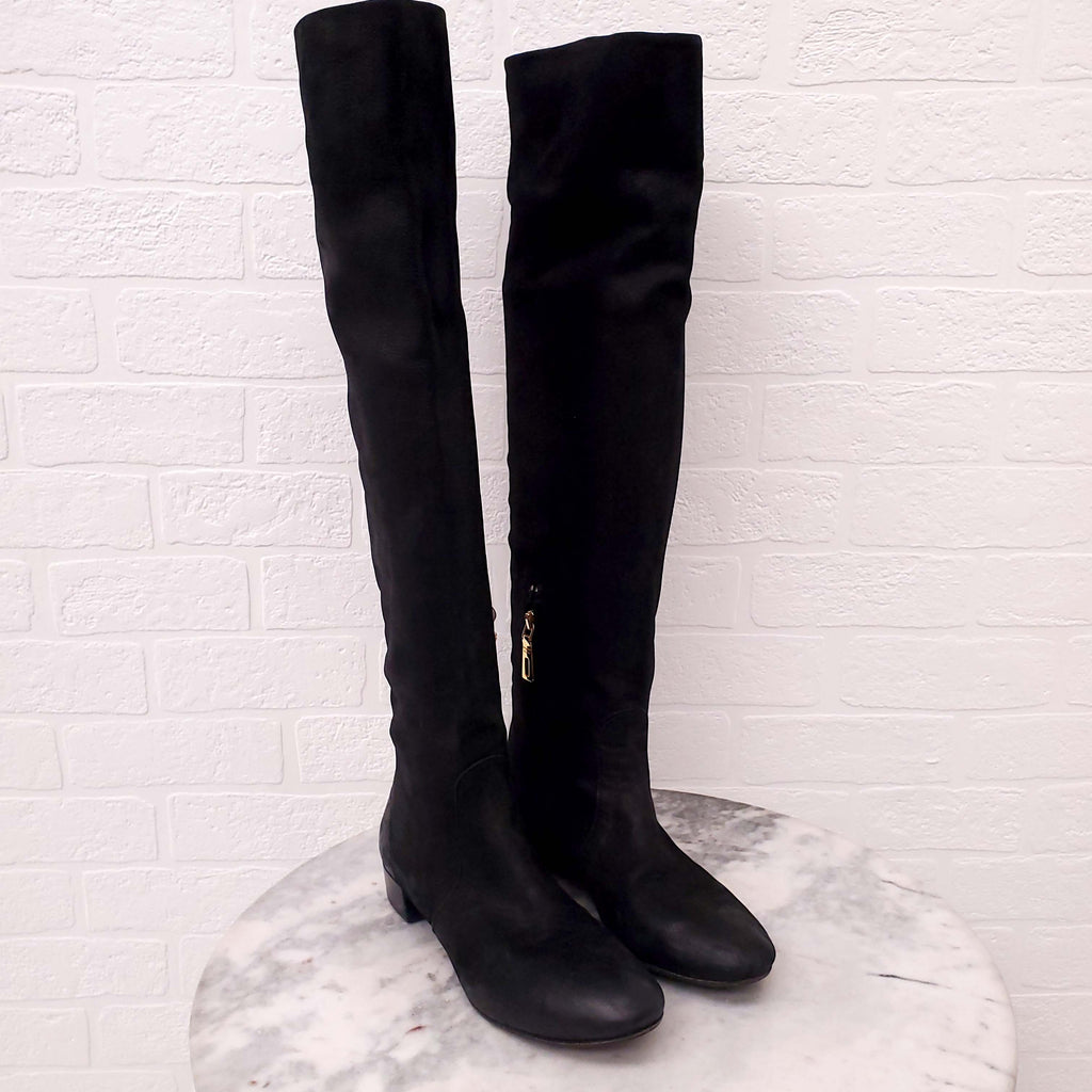 PRADA BLACK DISTRESSED BOOTS WITH GOLD ZIPPER - SIZE 36.5