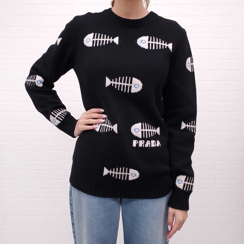 PRADA BLACK FISH SWEATER WITH LOGO - SIZE 44