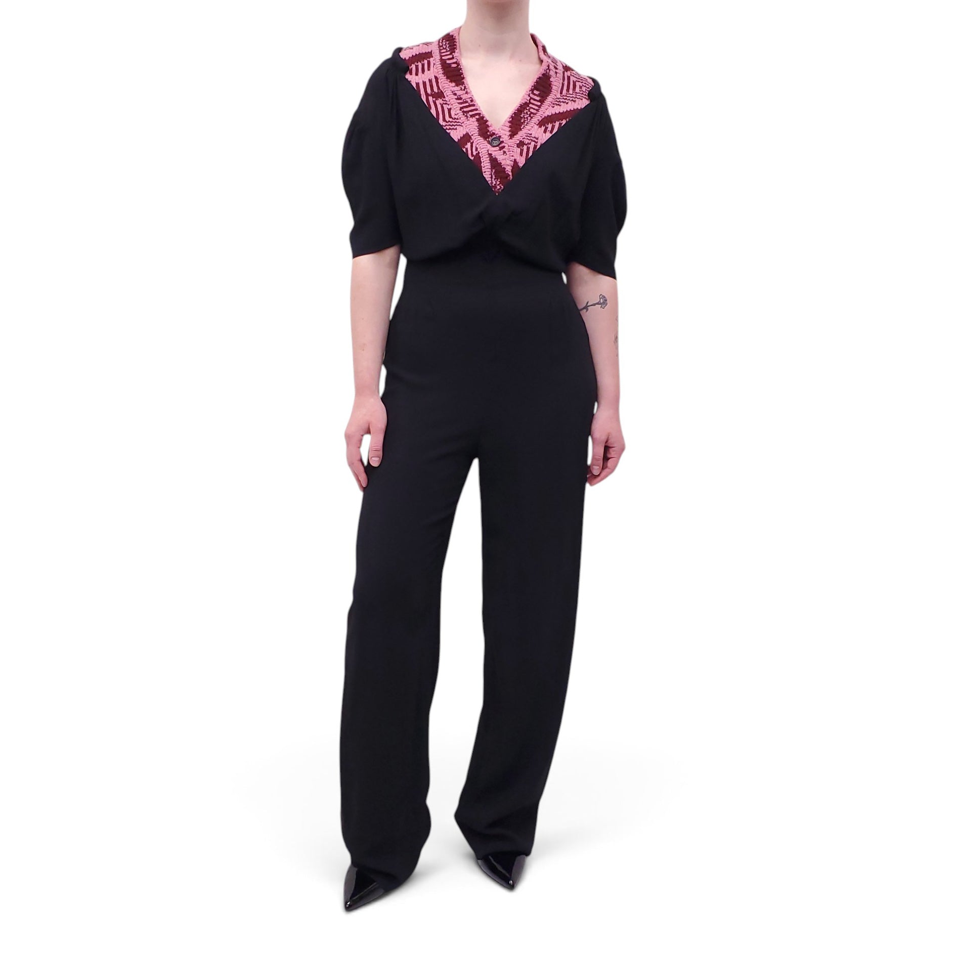 PRADA BLACK JUMPSUIT WITH PINK AND BURGUNDY SWEATER DETAIL - SIZE 38