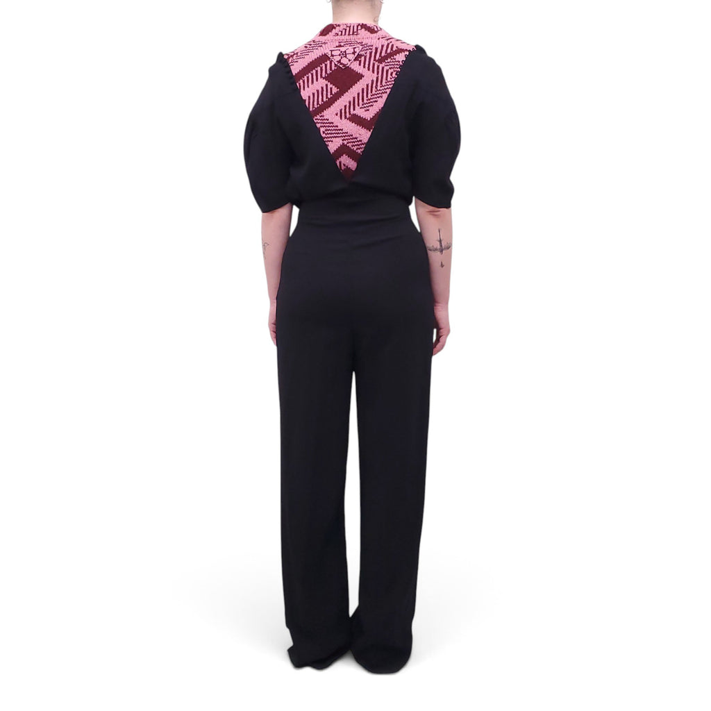 PRADA BLACK JUMPSUIT WITH PINK AND BURGUNDY SWEATER DETAIL - SIZE 38