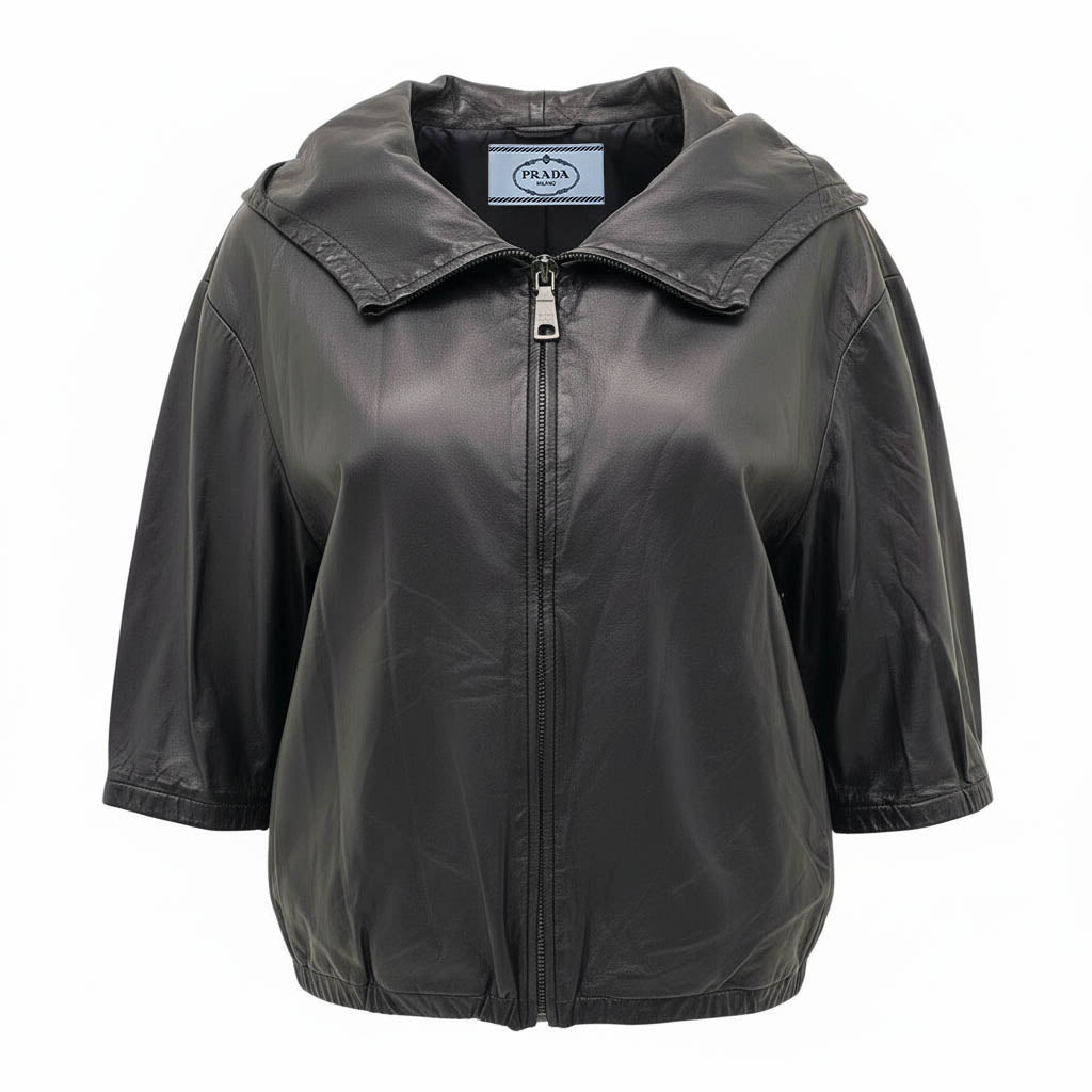 PRADA BLACK LEATHER BOMBER JACKET - SIZE 42