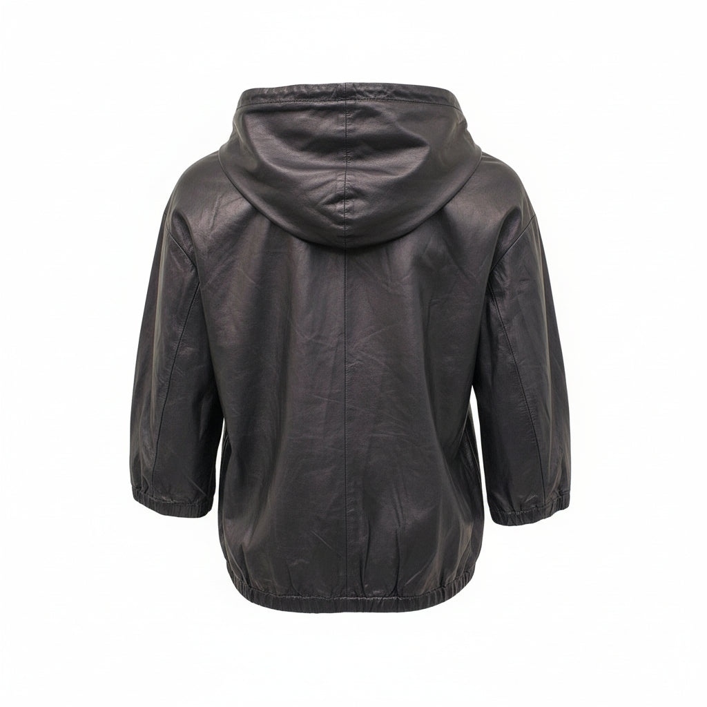 PRADA BLACK LEATHER BOMBER JACKET - SIZE 42