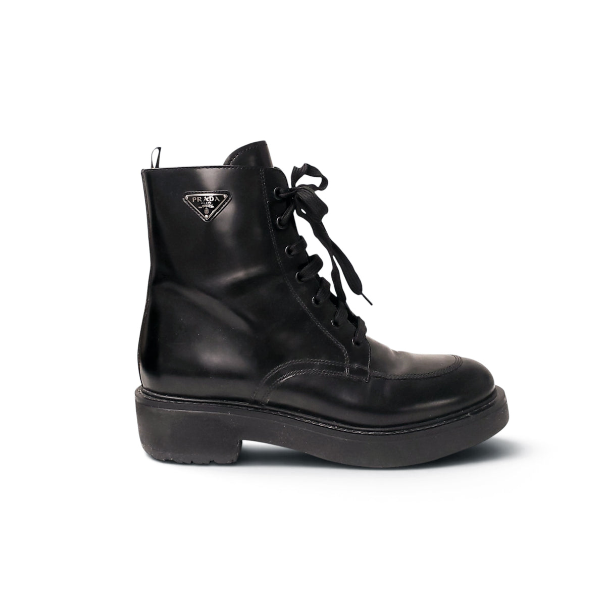 PRADA BLACK LEATHER MOTO LOGO BOOTS - SIZE 41