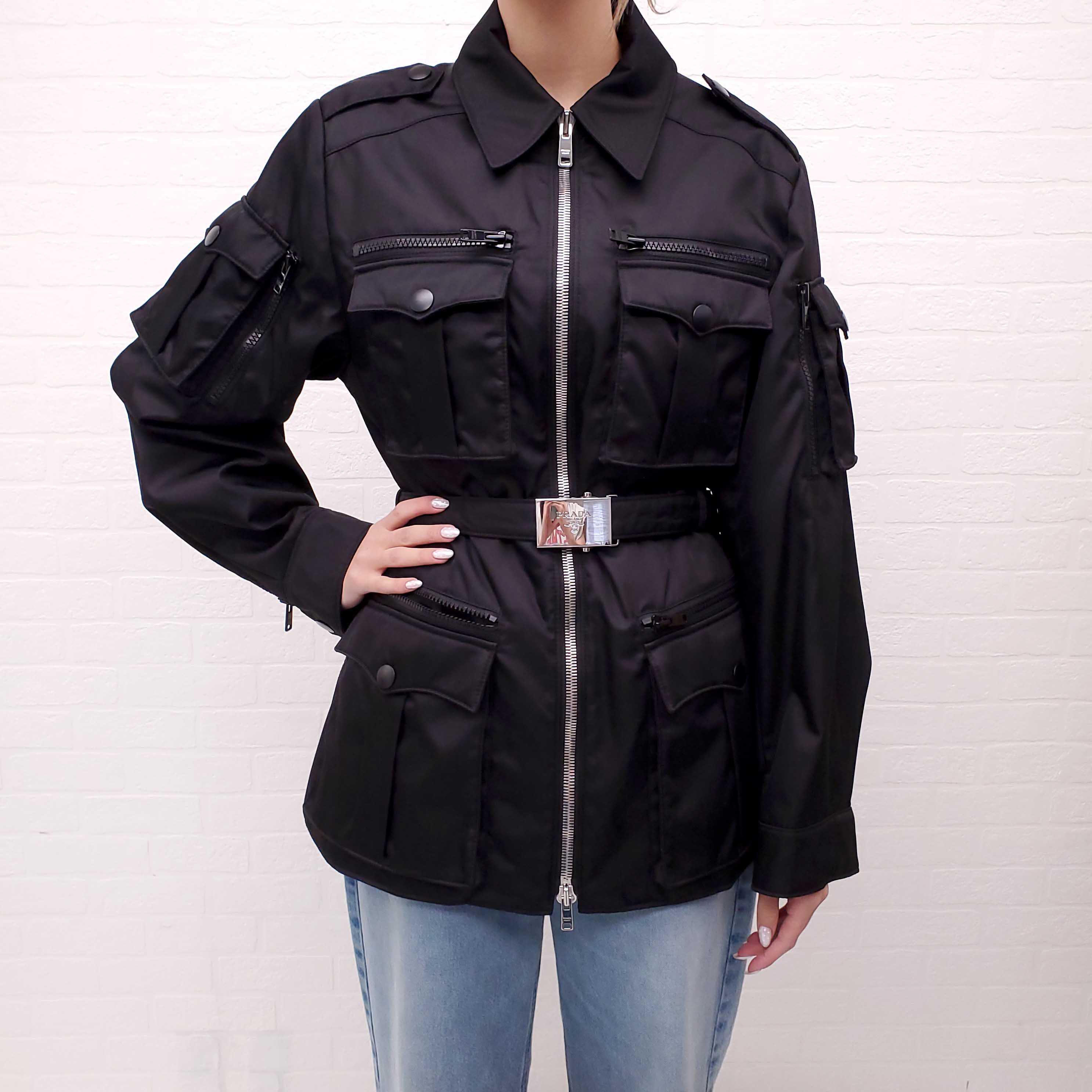 PRADA BLACK MILITARY NYLON JACKET WITH LOGO BELT - SIZE 46