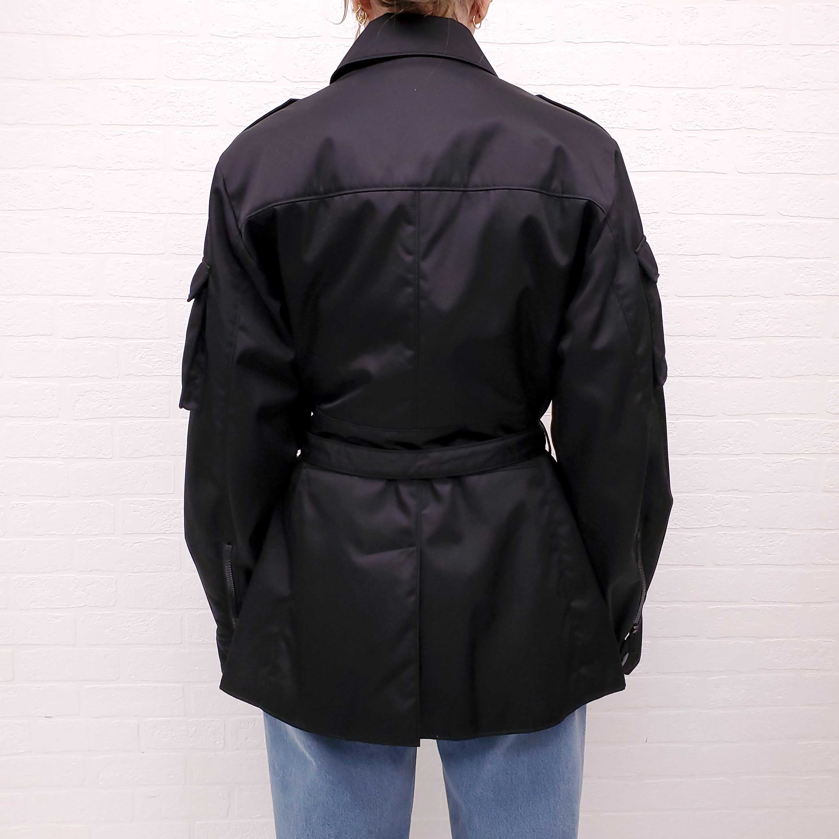 PRADA BLACK MILITARY NYLON JACKET WITH LOGO BELT - SIZE 46