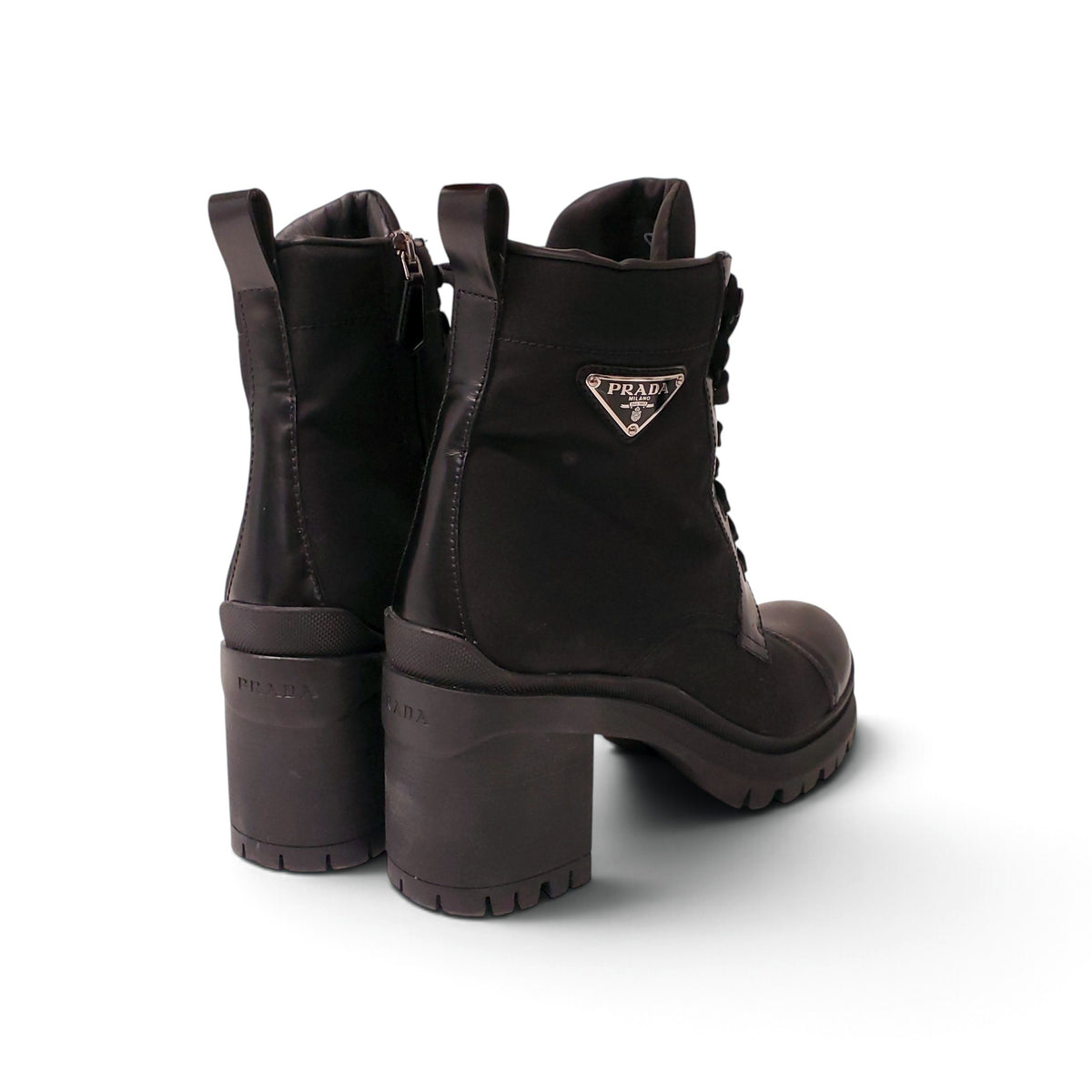 PRADA BLACK NYLON AND LEATHER BOOTIES WITH LOGO - SIZE 40