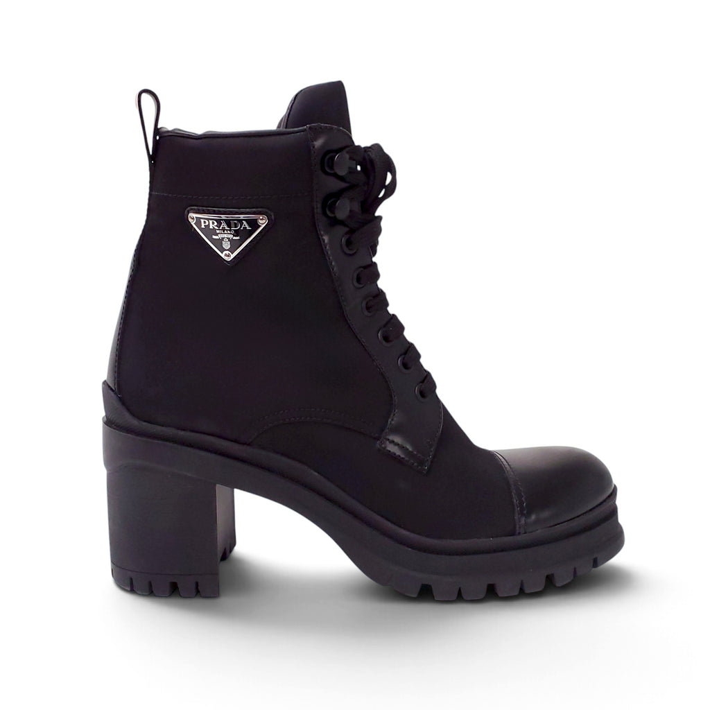 PRADA BLACK NYLON AND LEATHER BOOTIES WITH LOGO - SIZE 40