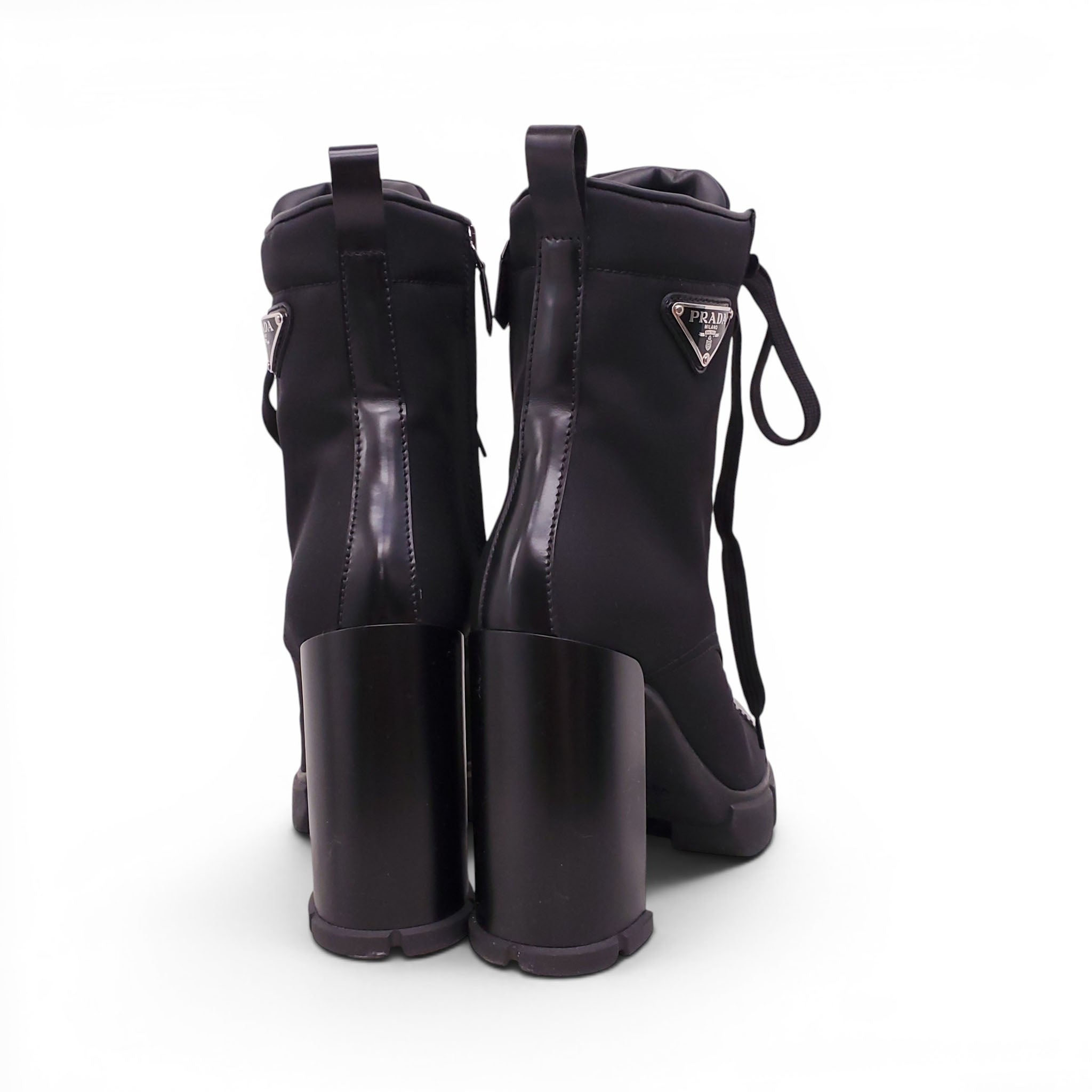 PRADA BLACK RE-EDITION NYLON AND LEATHER COMBAT BOOTS - SIZE 38.5