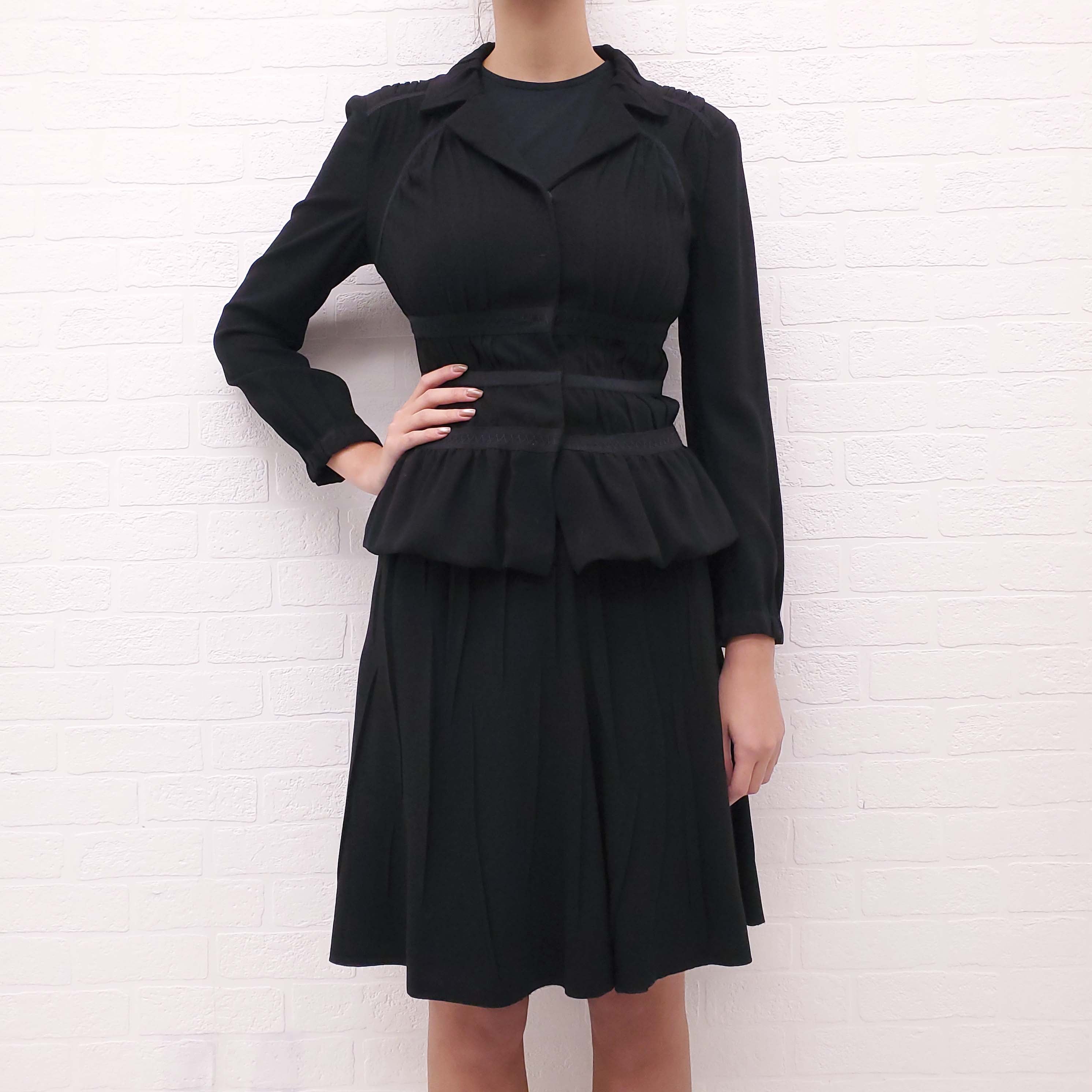 PRADA BLACK ROUCHED SKIRT SET WITH RIBBON DETAIL - SIZE 40