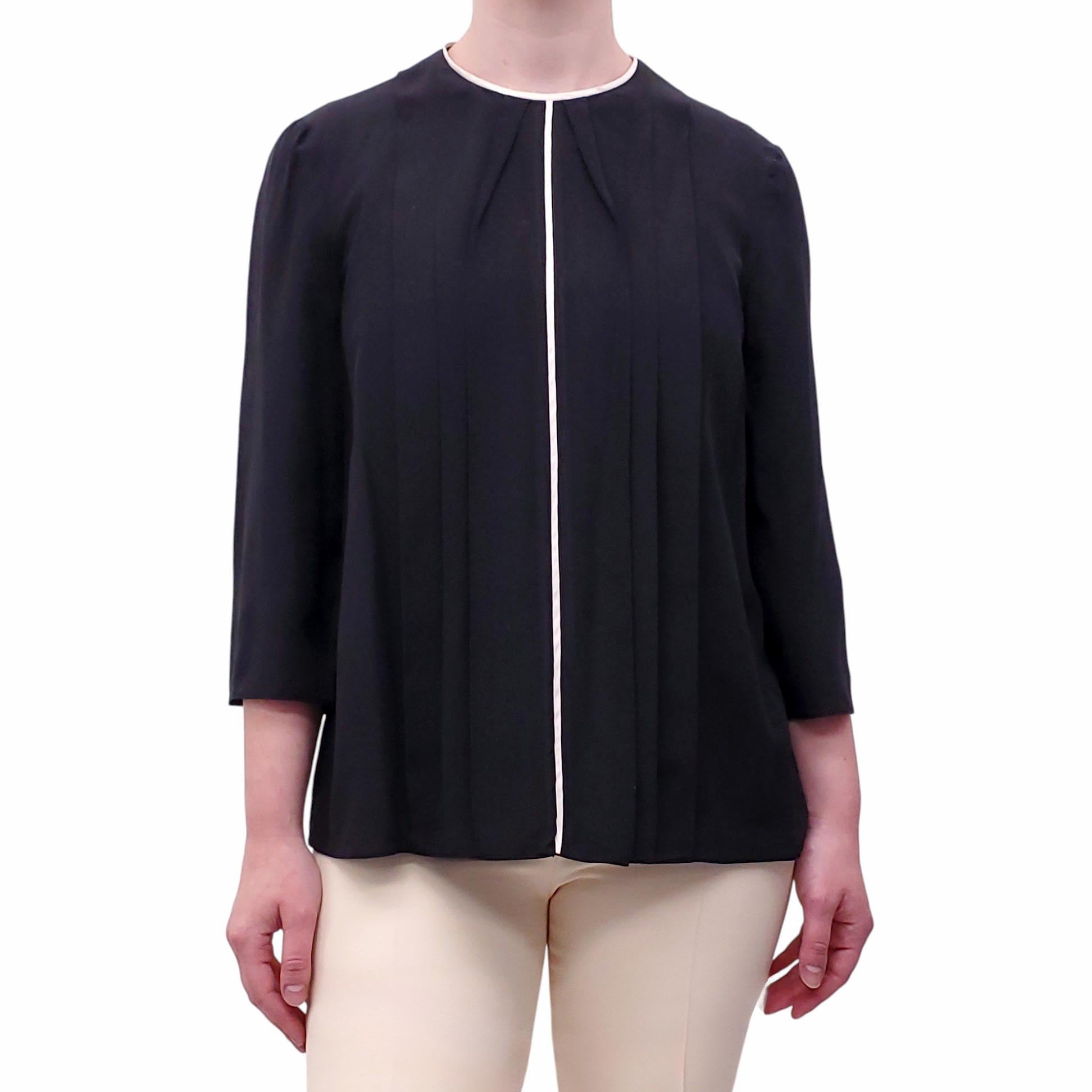 PRADA BLACK SILK BLOUSE WITH CREAM PIPING DETAIL - SIZE 42