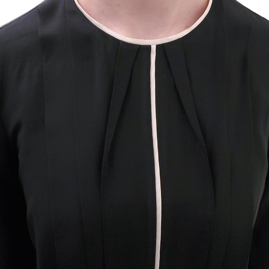 PRADA BLACK SILK BLOUSE WITH CREAM PIPING DETAIL - SIZE 42