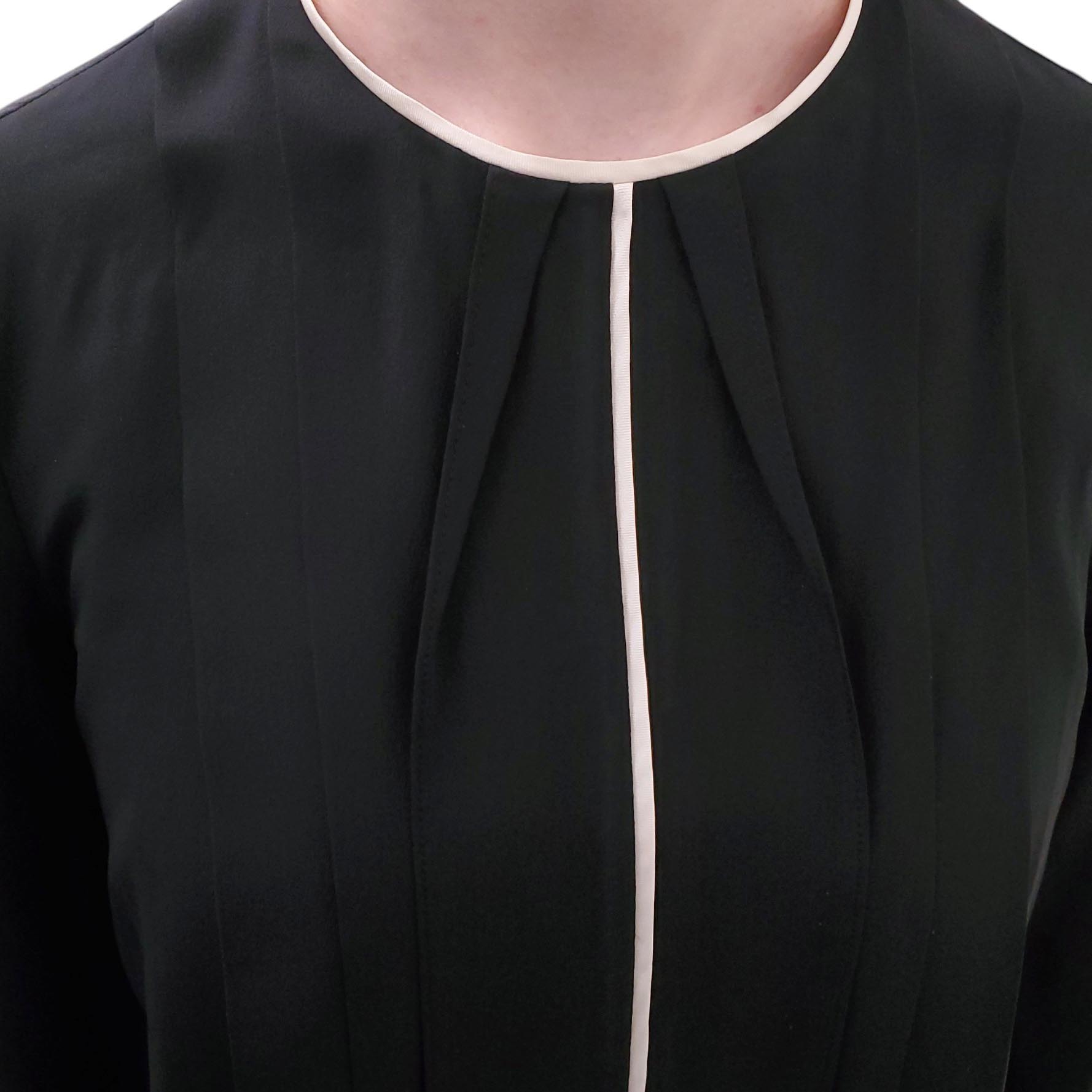 PRADA BLACK SILK BLOUSE WITH CREAM PIPING DETAIL - SIZE 42