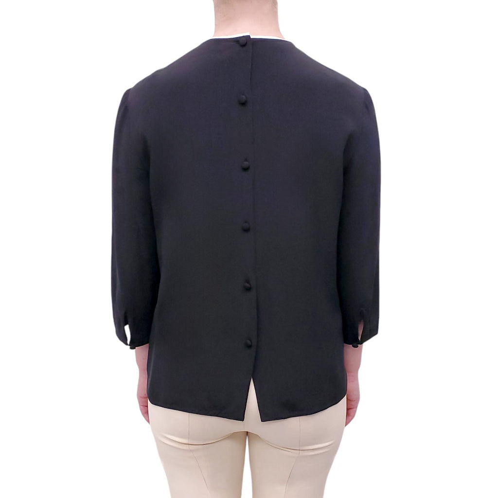 PRADA BLACK SILK BLOUSE WITH CREAM PIPING DETAIL - SIZE 42