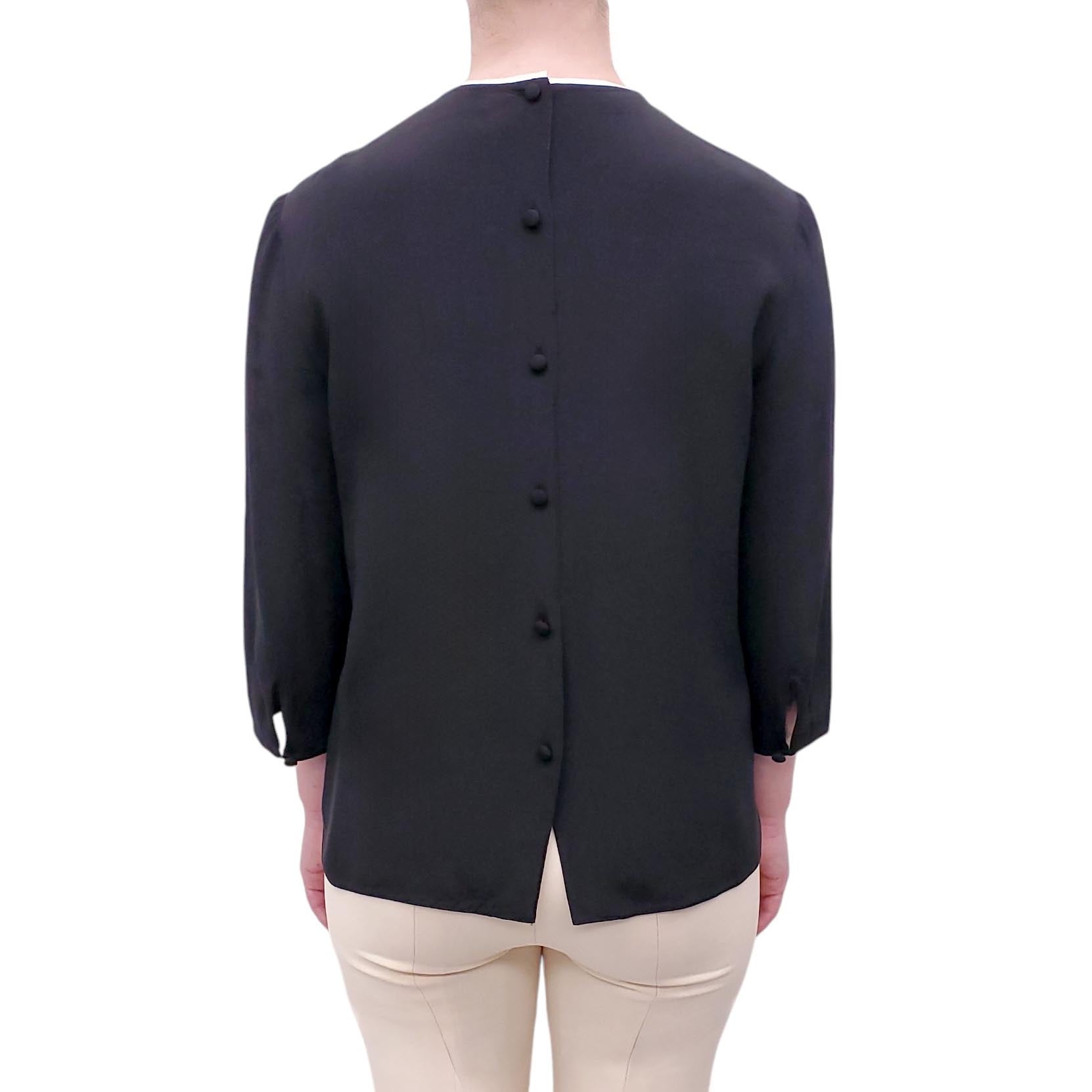 PRADA BLACK SILK BLOUSE WITH CREAM PIPING DETAIL - SIZE 42