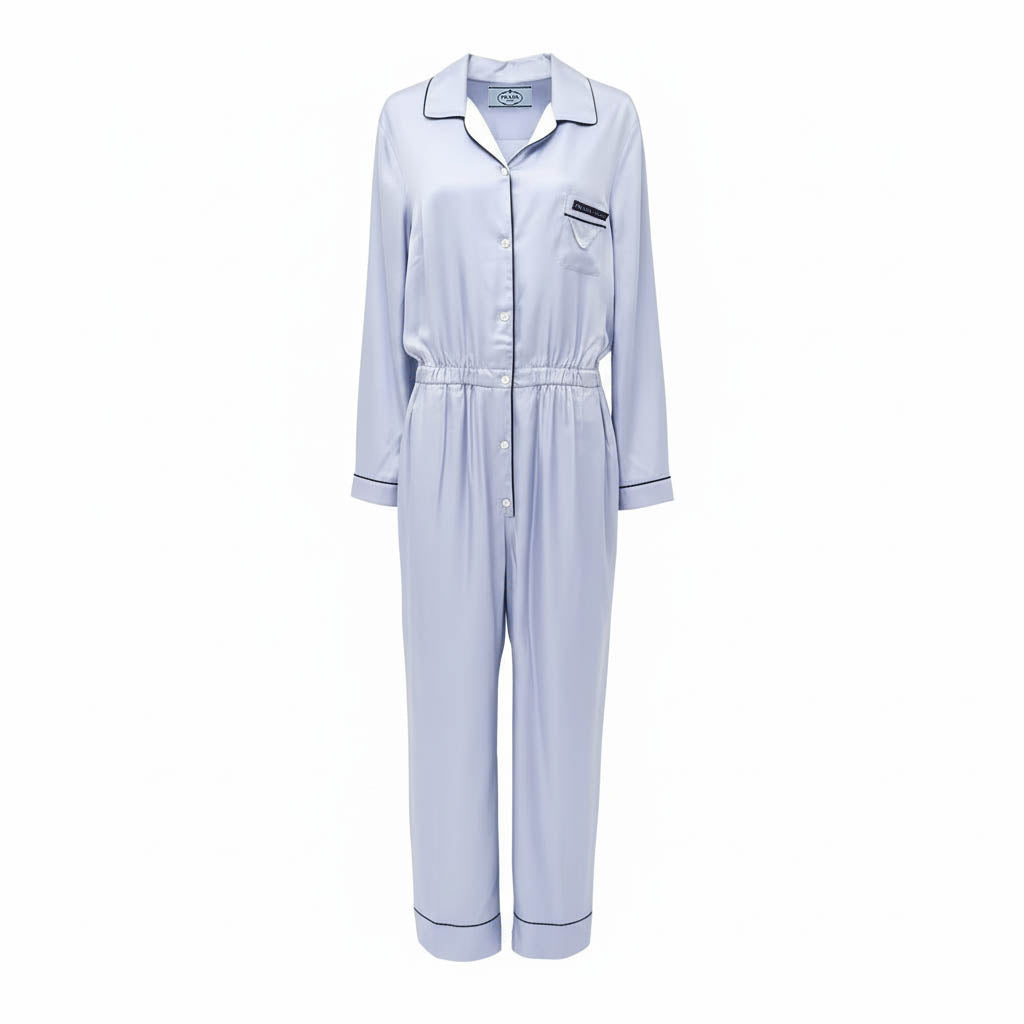 PRADA BLUE SILK PAJAMA JUMPSUIT WITH LOGO POCKET - SIZE 48