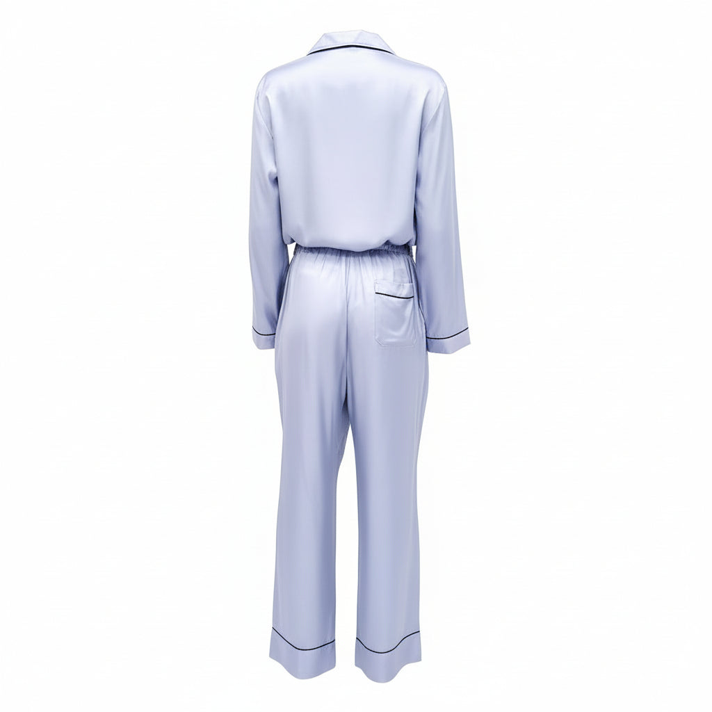 PRADA BLUE SILK PAJAMA JUMPSUIT WITH LOGO POCKET - SIZE 48