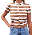 PRADA BROWN AND CREAM STRIPED LOGO SHORT SLEEVE POLO CARDIGAN - SIZE 36