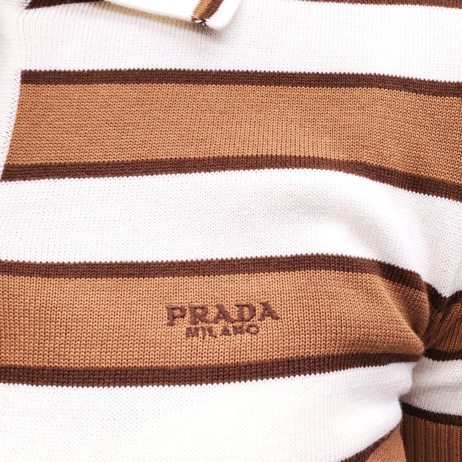 PRADA BROWN AND CREAM STRIPED LOGO SHORT SLEEVE POLO CARDIGAN - SIZE 36