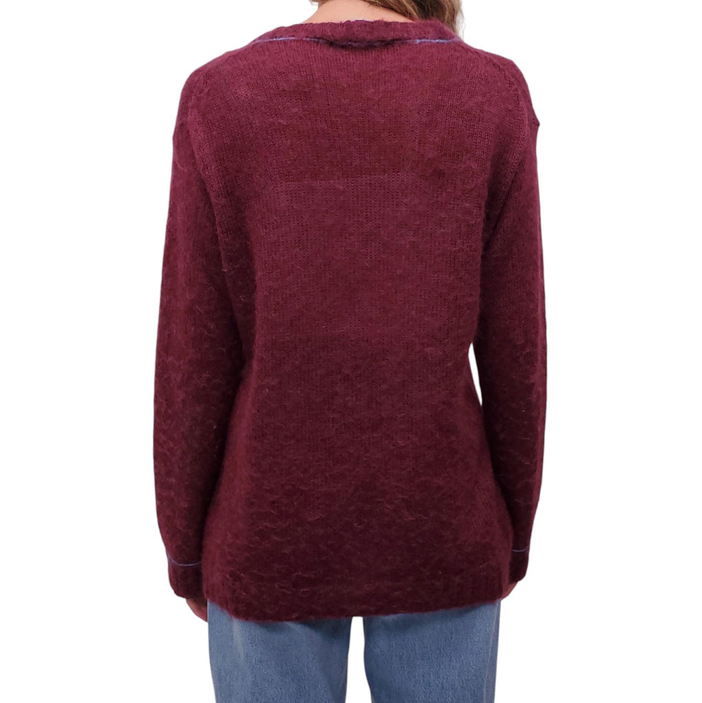 PRADA BURGUNDY CARDIGAN WITH BLUE STRIPE DETAIL - SIZE 40