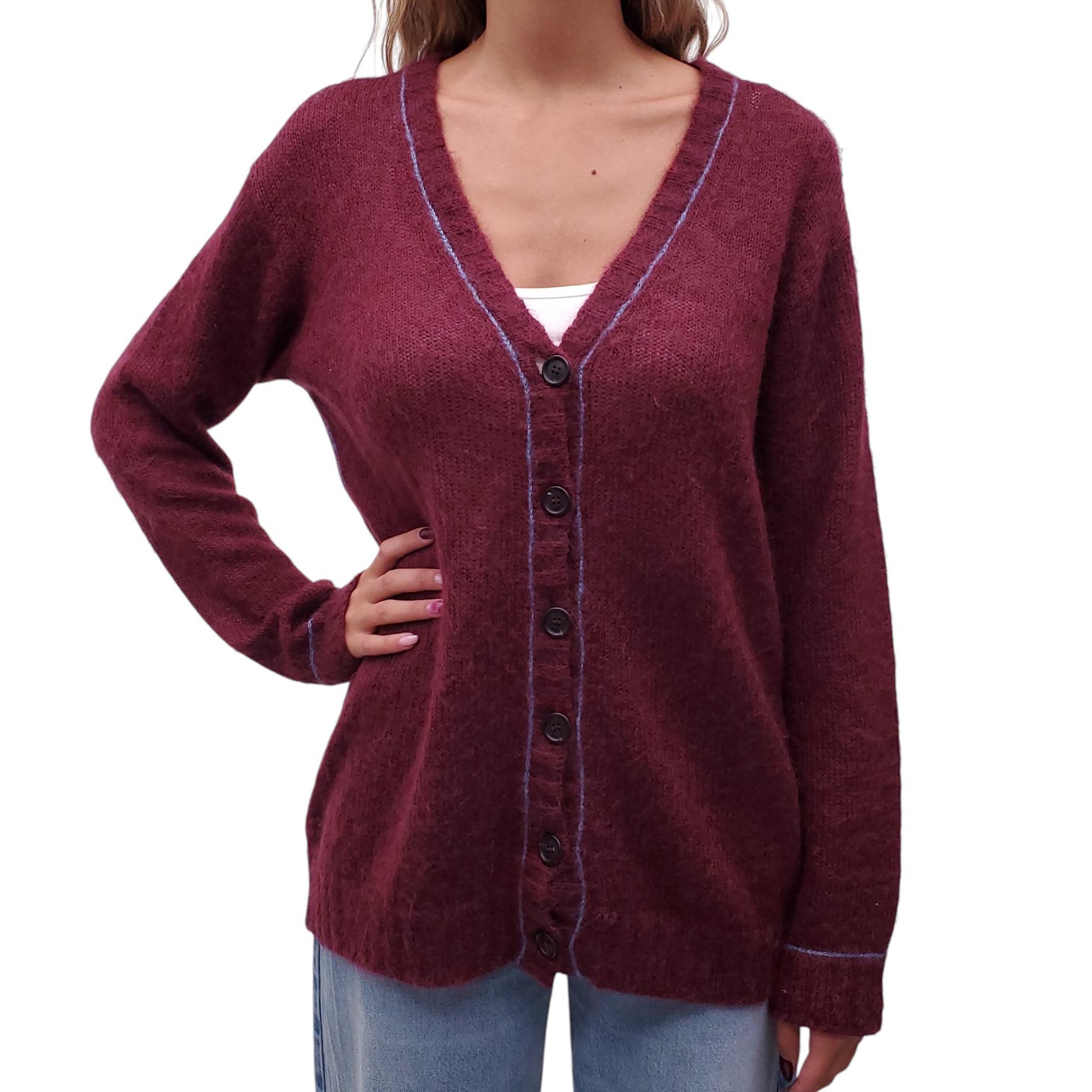 PRADA BURGUNDY CARDIGAN WITH BLUE STRIPE DETAIL - SIZE 40