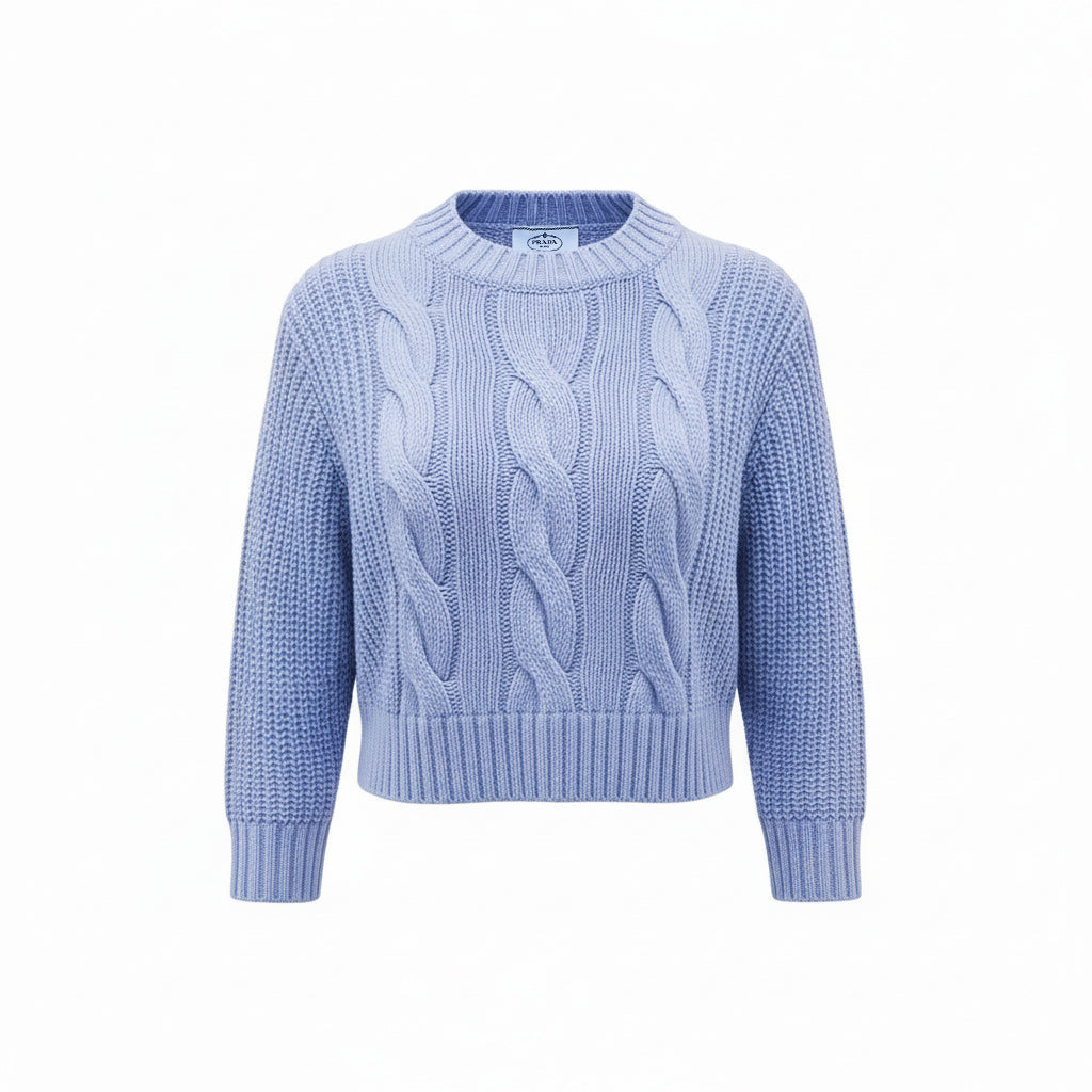 PRADA CABLE KNIT WOOL AND CASHMERE PERIWINKLE SWEATER WITH TRIANGLE DETAIL - SIZE 42